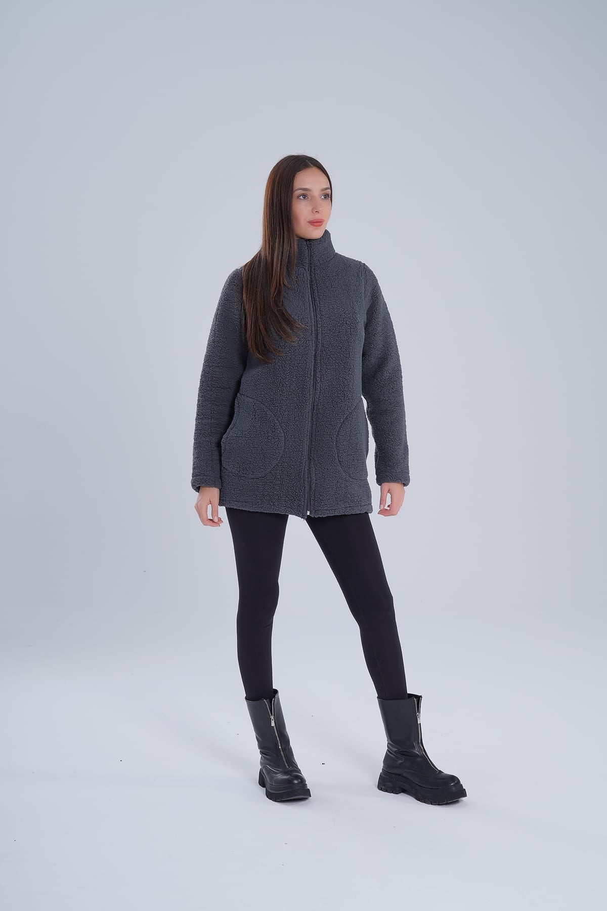 Kadın Füme Dik Yaka Fermuarlı Polar Ceket