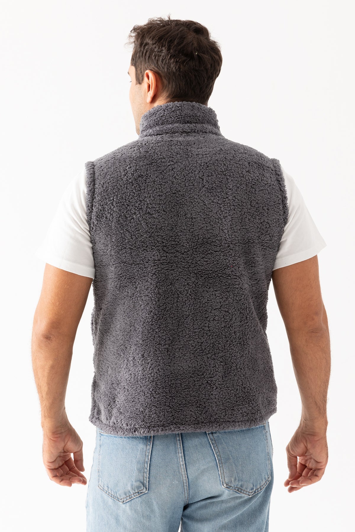 Erkek Füme Kolsuz Astarsız Fermuarlı Peluş Yelek