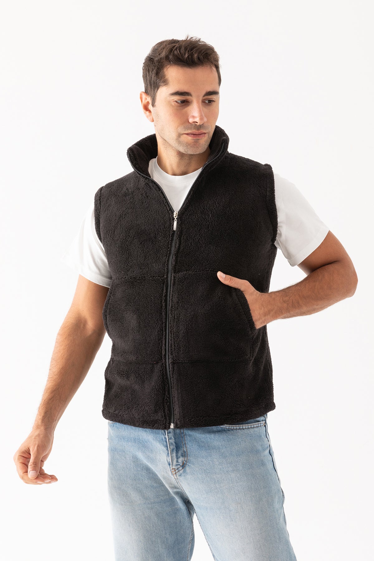 Erkek Siyah Kolsuz Astarsız Fermuarlı Peluş Yelek
