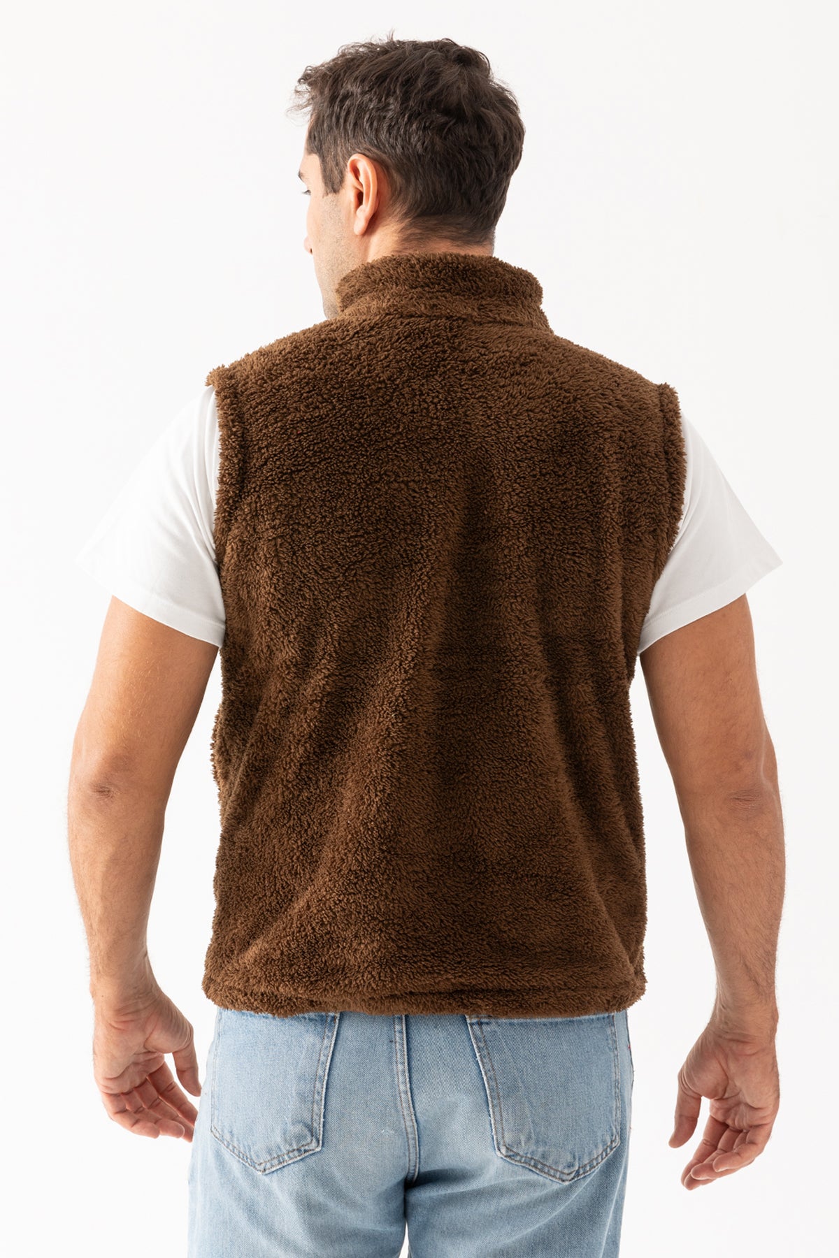 Erkek Kahverengi Kolsuz Astarsız Fermuarlı Peluş Yelek