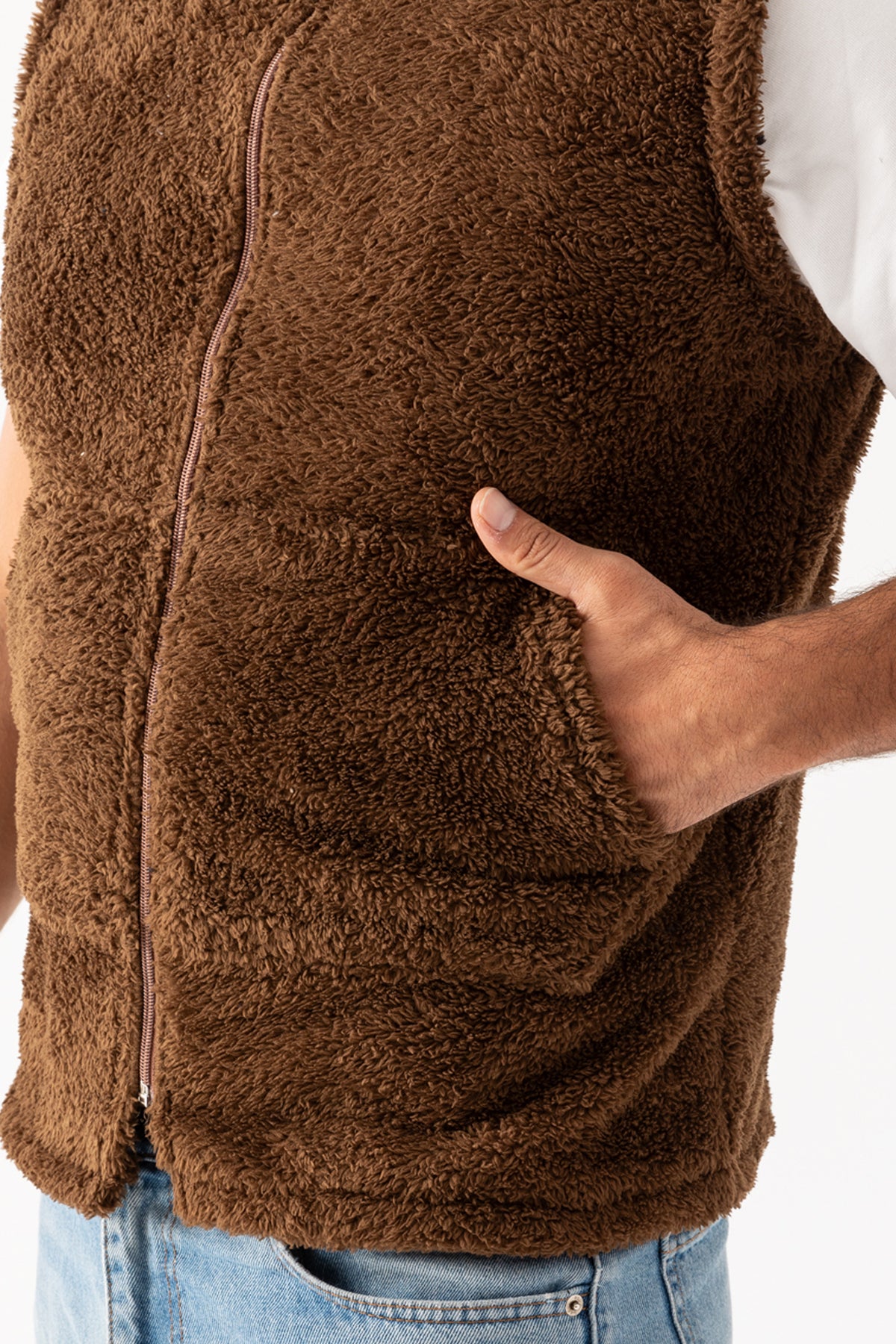 Erkek Kahverengi Kolsuz Astarsız Fermuarlı Peluş Yelek