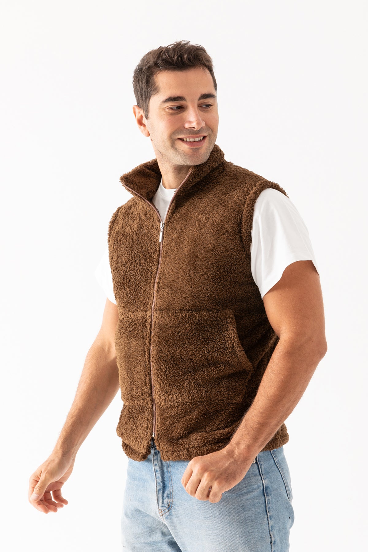 Erkek Kahverengi Kolsuz Astarsız Fermuarlı Peluş Yelek