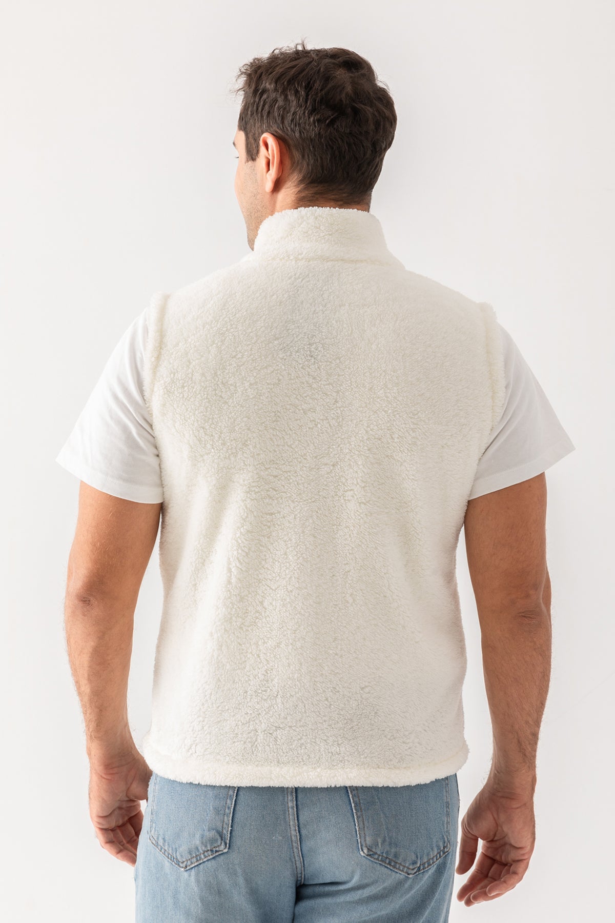 Erkek Ekru Kolsuz Astarsız Fermuarlı Peluş Yelek