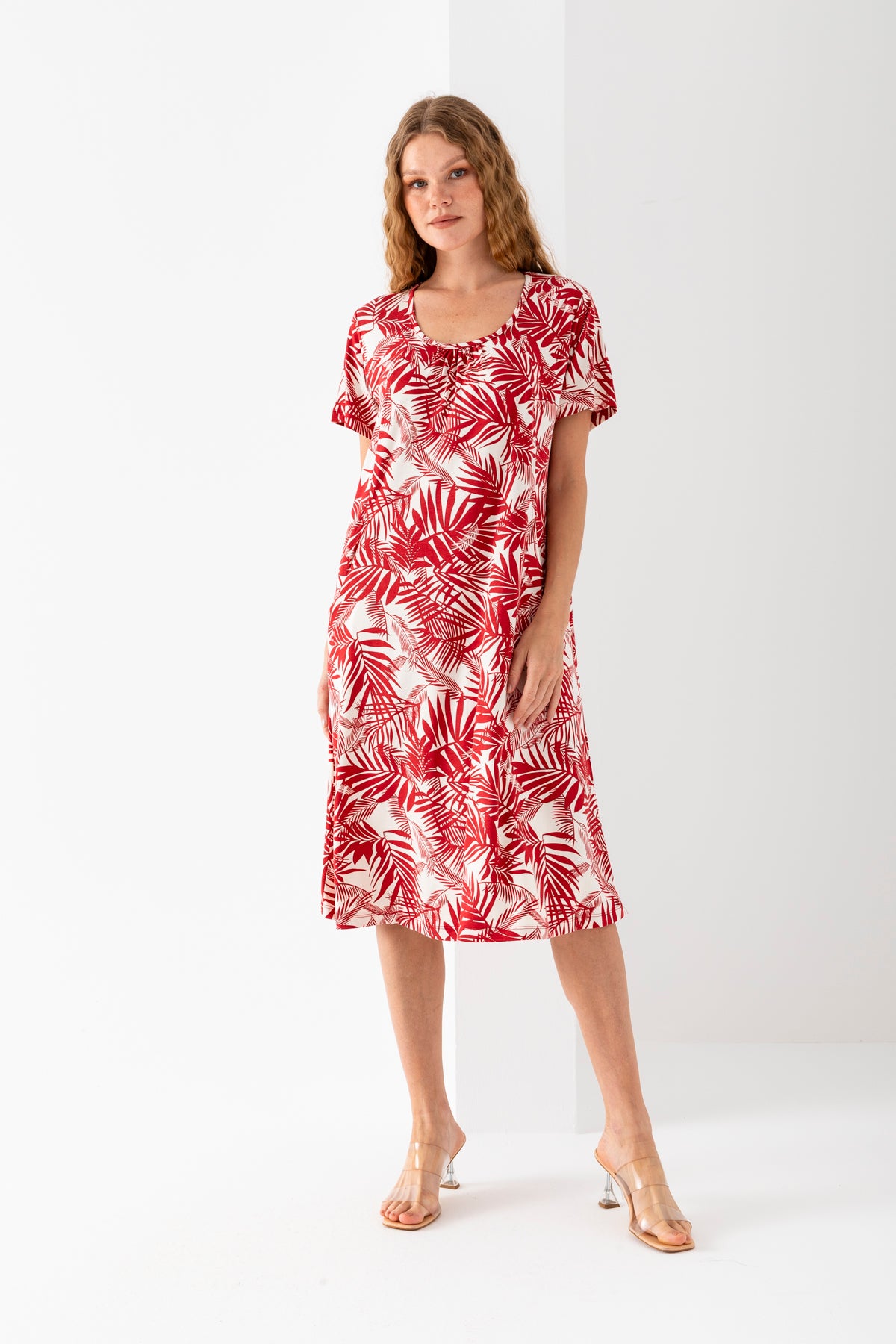 Kadın Kırmızı Beyaz Yakası Büzgülü Yandan Cepli Viskon Penye Elbise