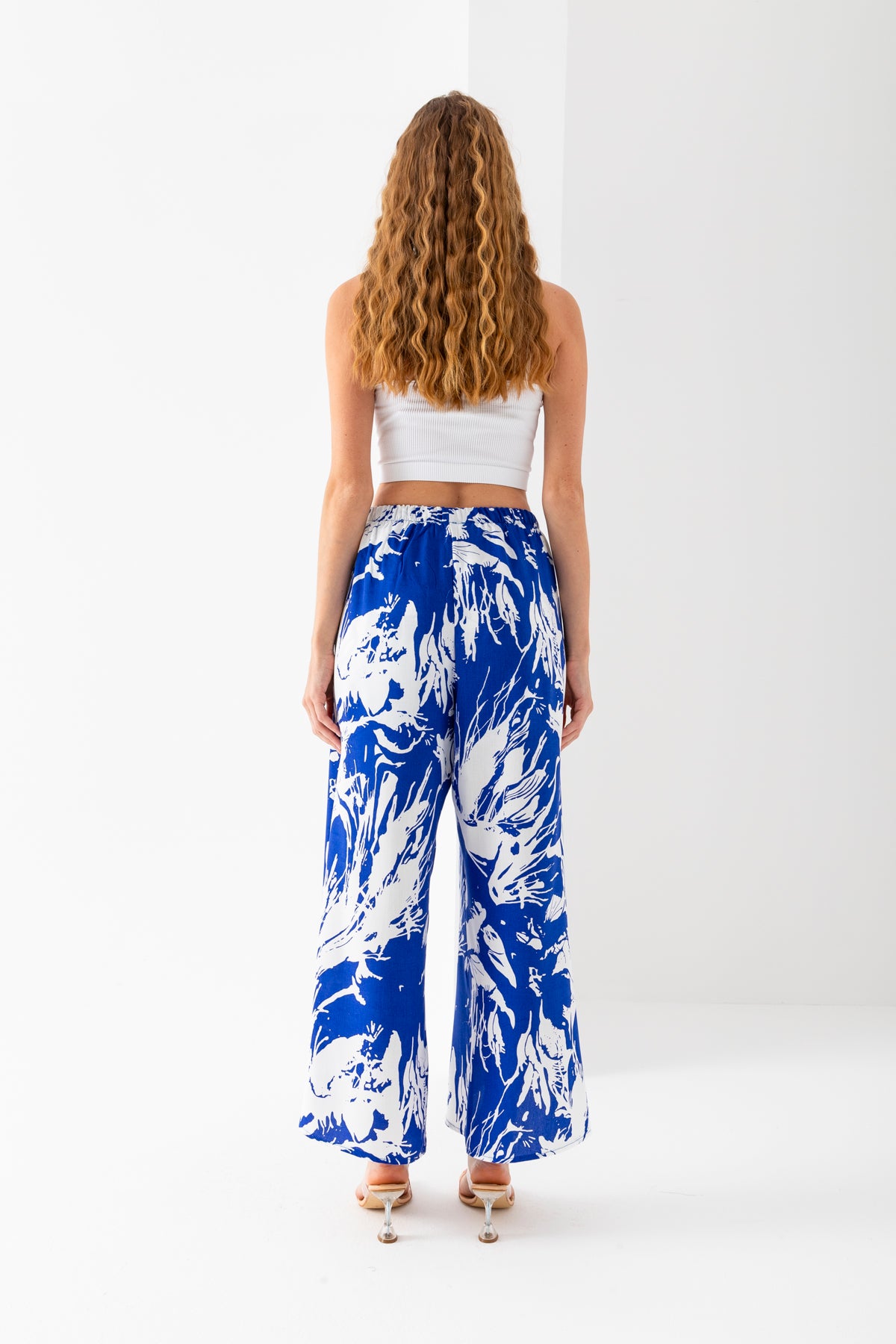 Kadın Saks Beyaz Zarf Kapaklı İçe Katlamalı İçi Şortlu Viskon Dokuma Şalvar Pantolon