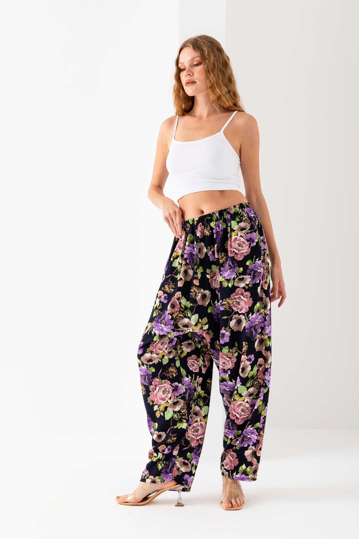 Kadın Mor Gül Kurusu Geleneksel Eski Tip Standar Beden Viskon Şalvar