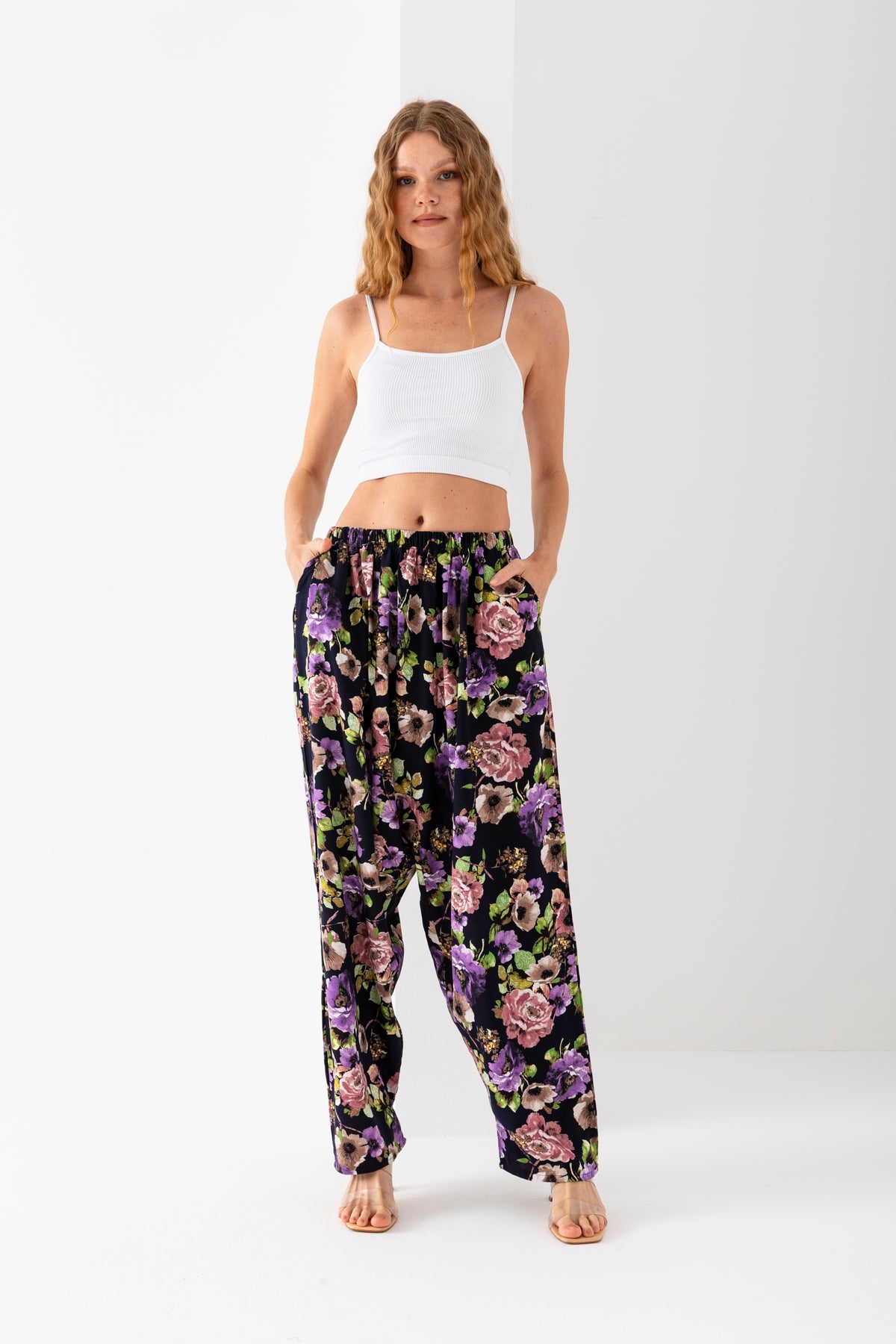 Kadın Mor Gül Kurusu Geleneksel Eski Tip Standar Beden Viskon Şalvar