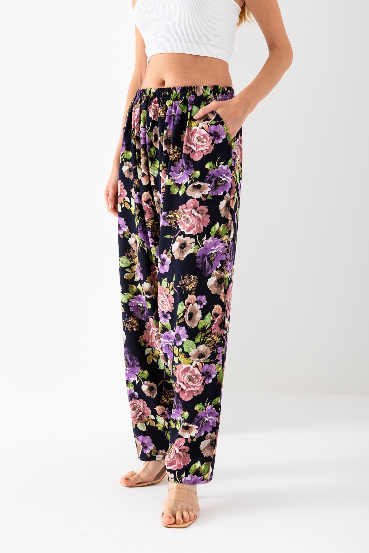 Kadın Mor Gül Kurusu Geleneksel Eski Tip Standar Beden Viskon Şalvar