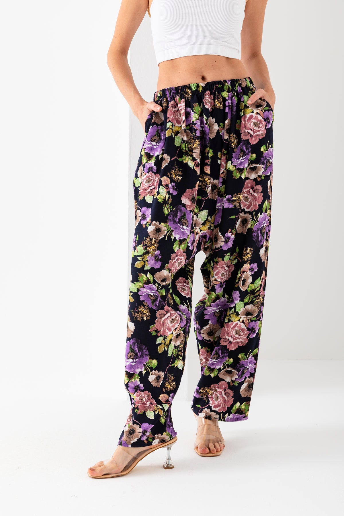 Kadın Mor Gül Kurusu Geleneksel Eski Tip Standar Beden Viskon Şalvar