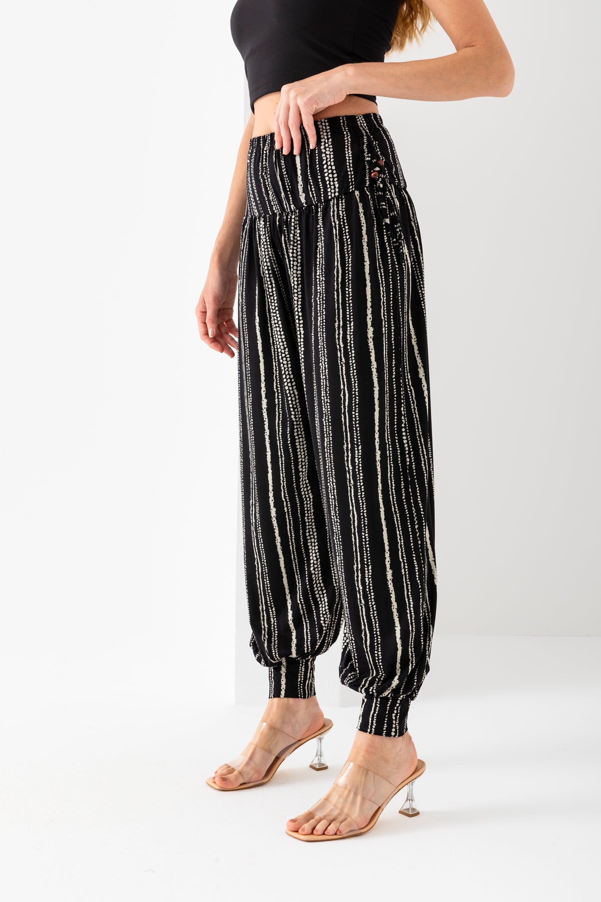 Kadın Siyah Krem Yanları Bağcıklı Yüksek Bel Manşetli Paça Şalvar Pantolon