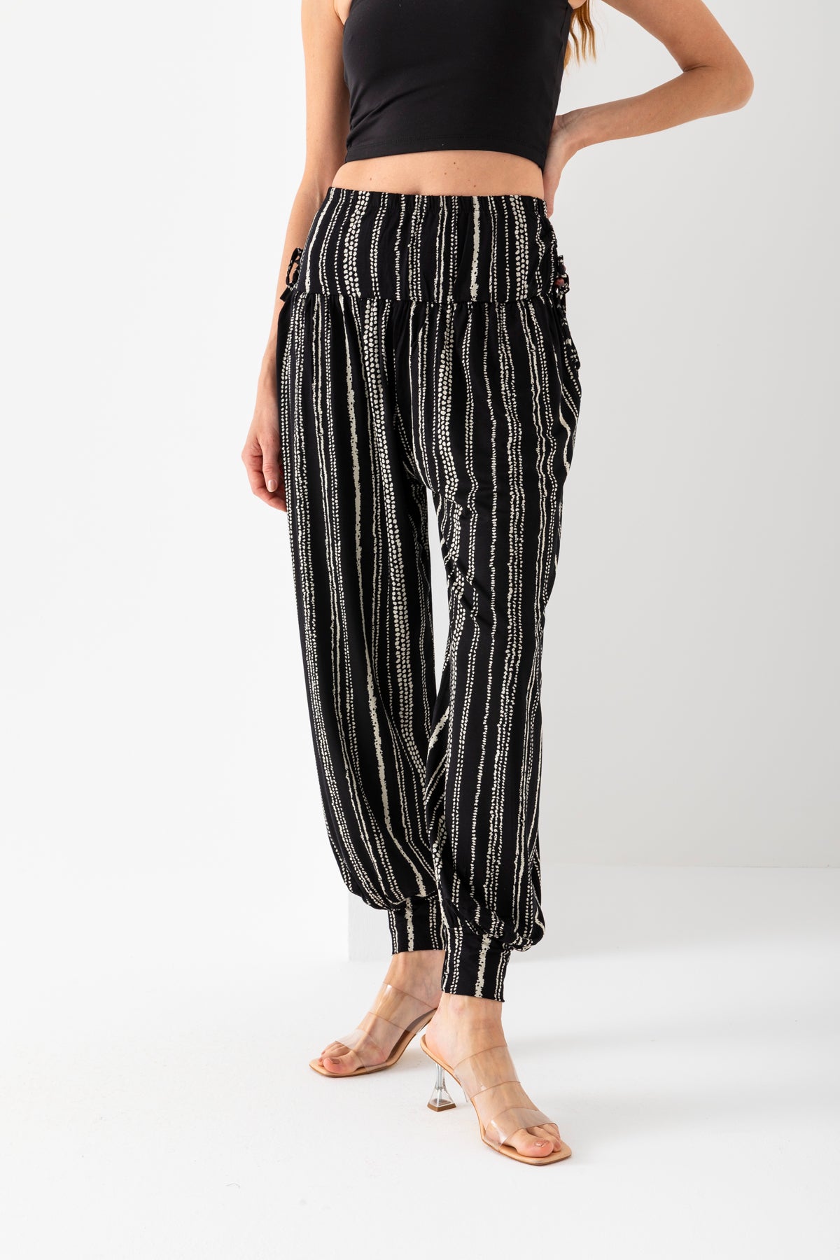 Kadın Siyah Krem Yanları Bağcıklı Yüksek Bel Manşetli Paça Şalvar Pantolon