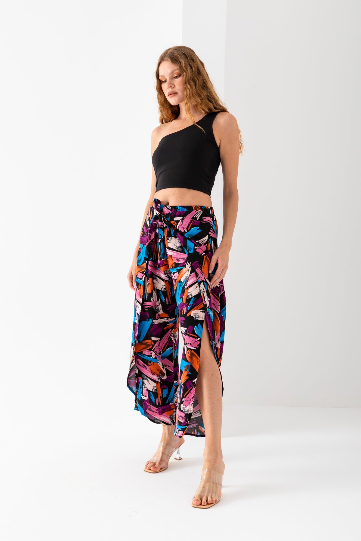 Kadın Mürdüm Mavi Pembe Çok Renkli Zarf Kapaklı İçi Şortlu Viskon Dokuma Şalvar Pantolon