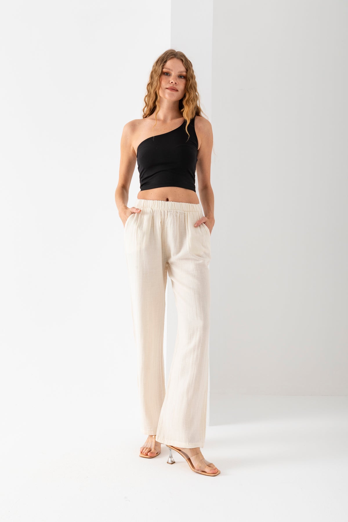 Kadın %100 Pamuk Krem Geniş Paça Muslin Pantolon