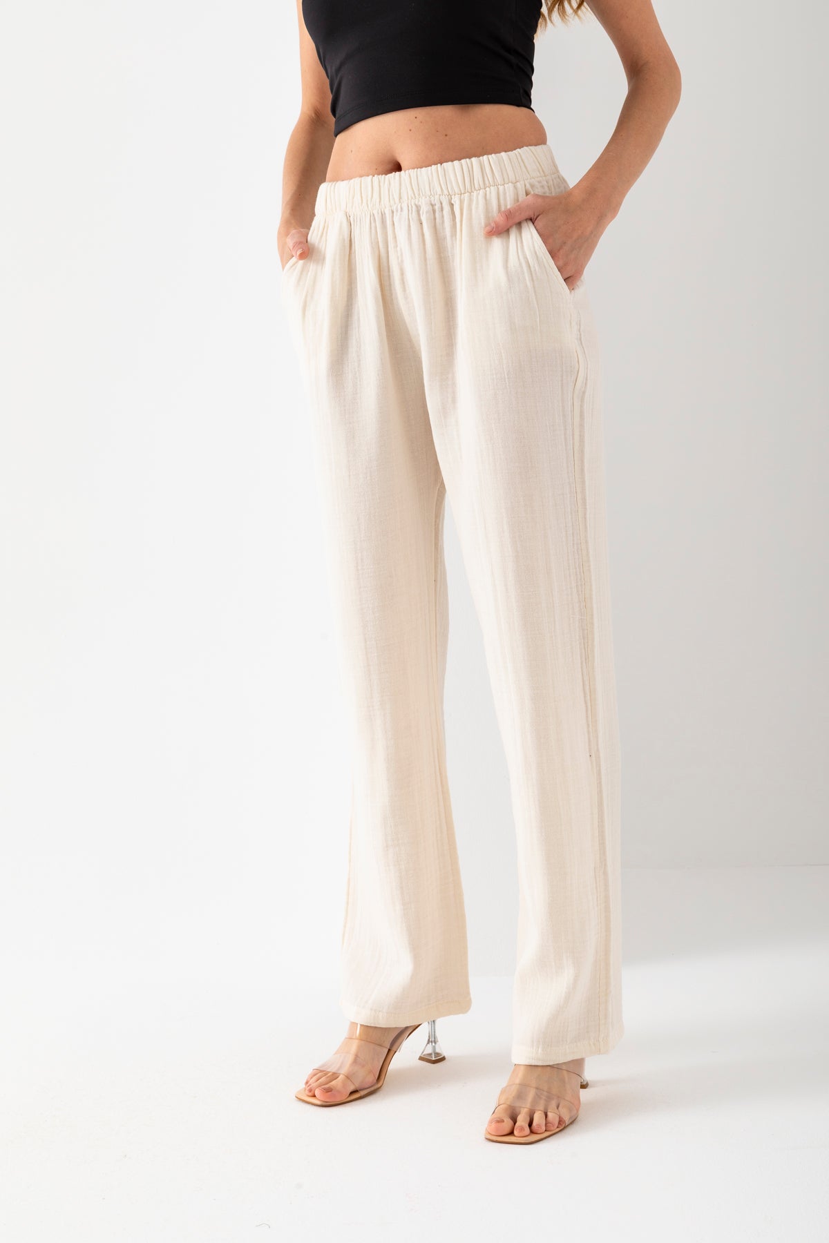 Kadın %100 Pamuk Krem Geniş Paça Muslin Pantolon