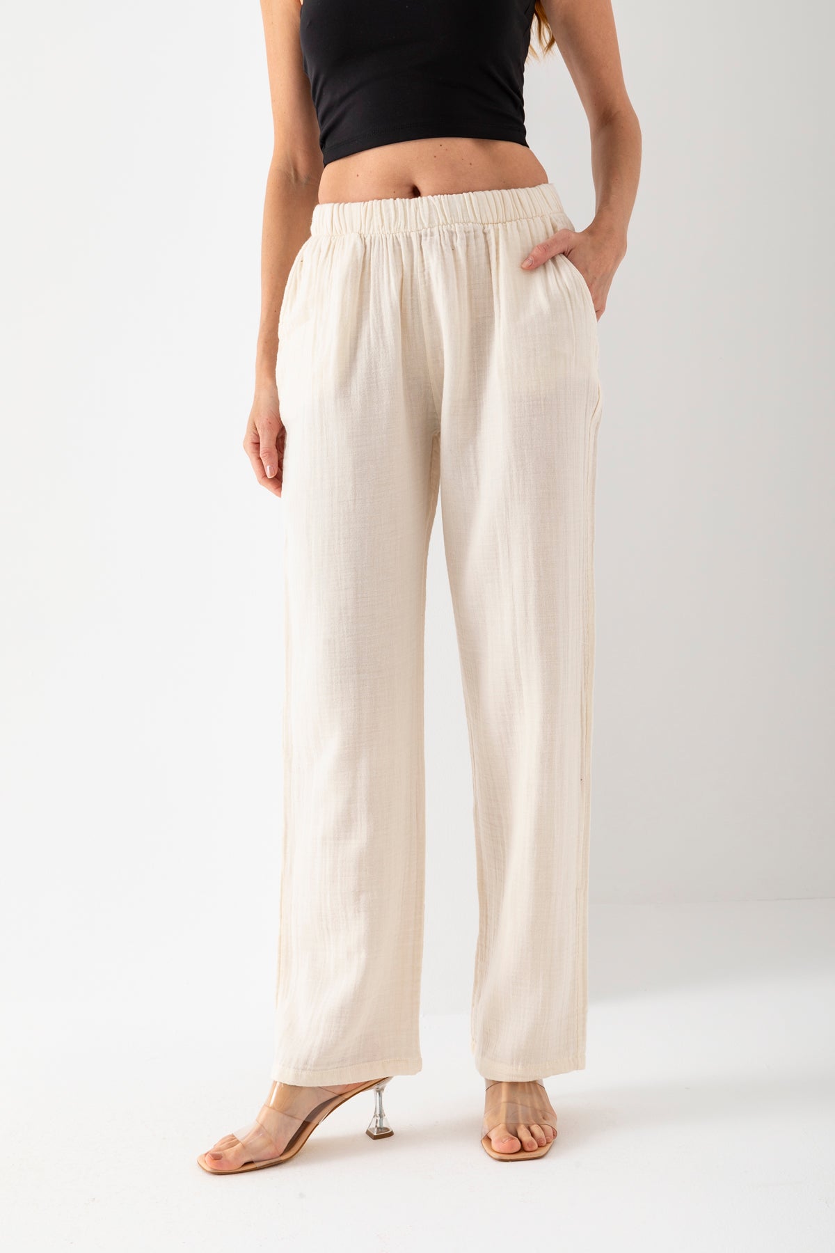 Kadın %100 Pamuk Krem Geniş Paça Muslin Pantolon