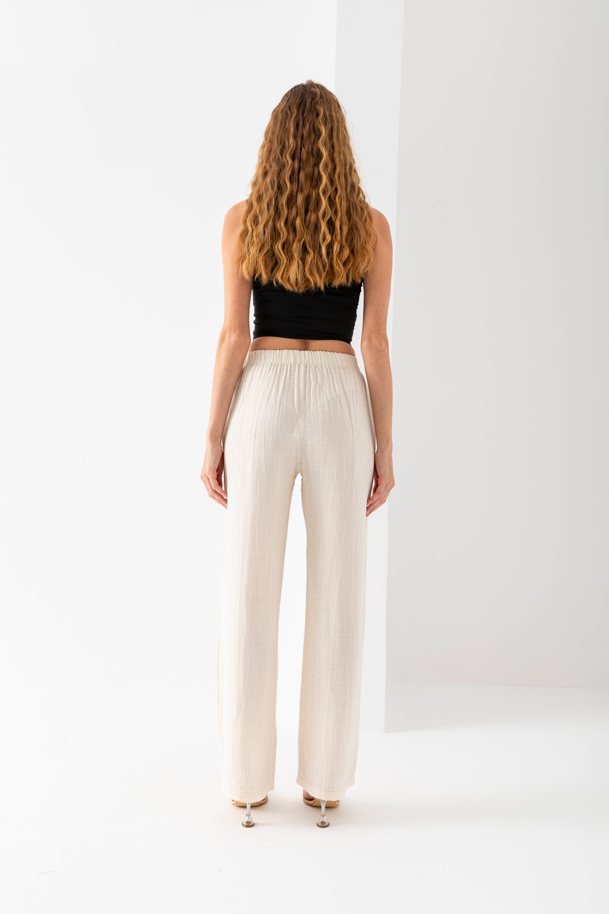 Kadın %100 Pamuk Krem Geniş Paça Muslin Pantolon