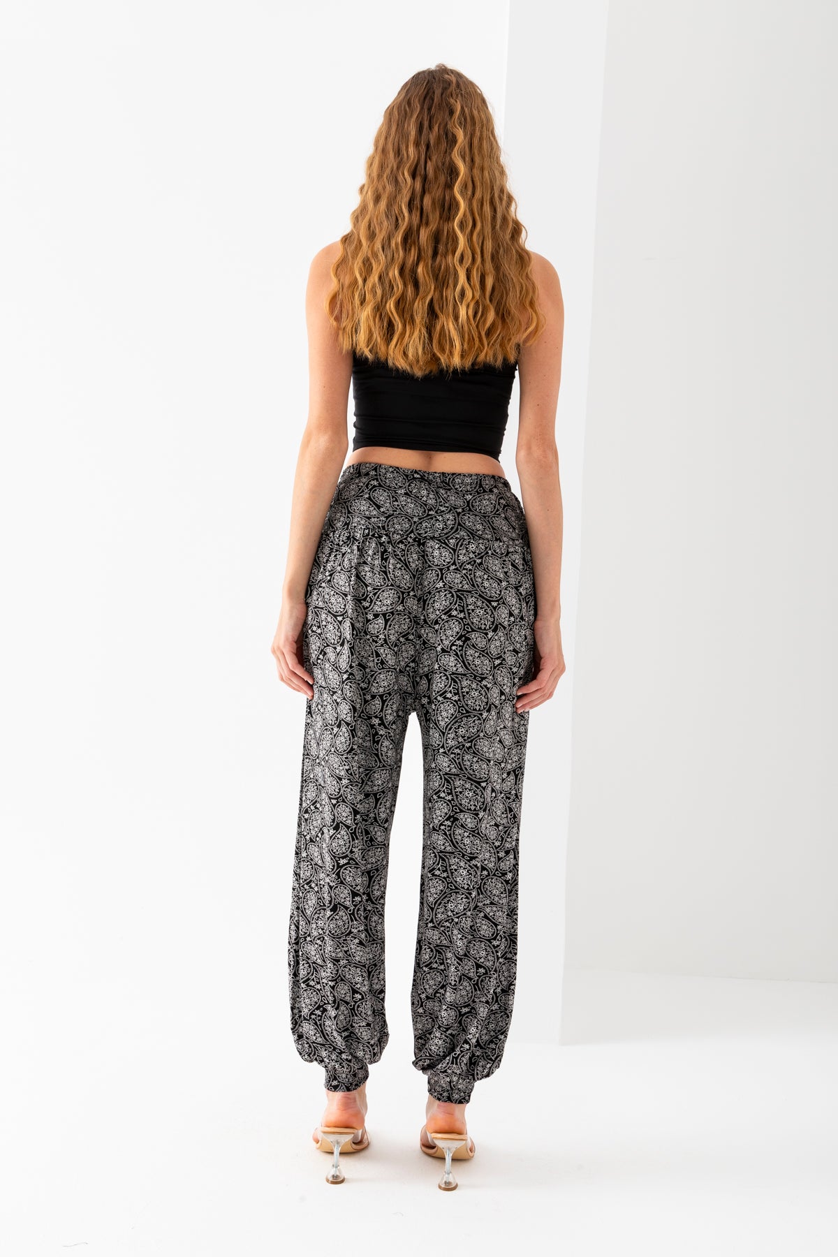 Kadın Siyah Beyaz Yanları Bağcıklı Yüksek Bel Manşetli Paça Şalvar Pantolon