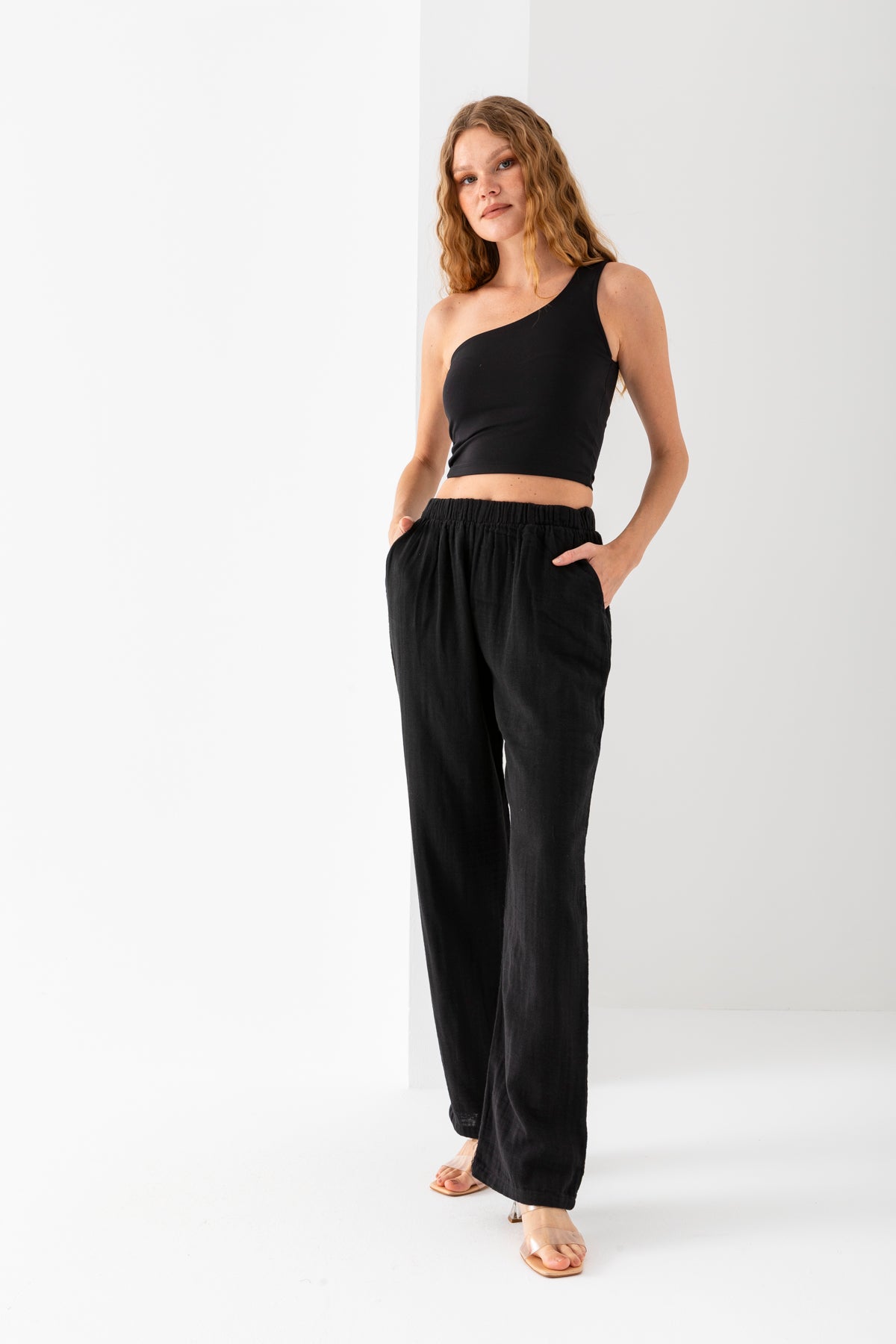 Kadın %100 Pamuk Siyah Geniş Paça Muslin Pantolon