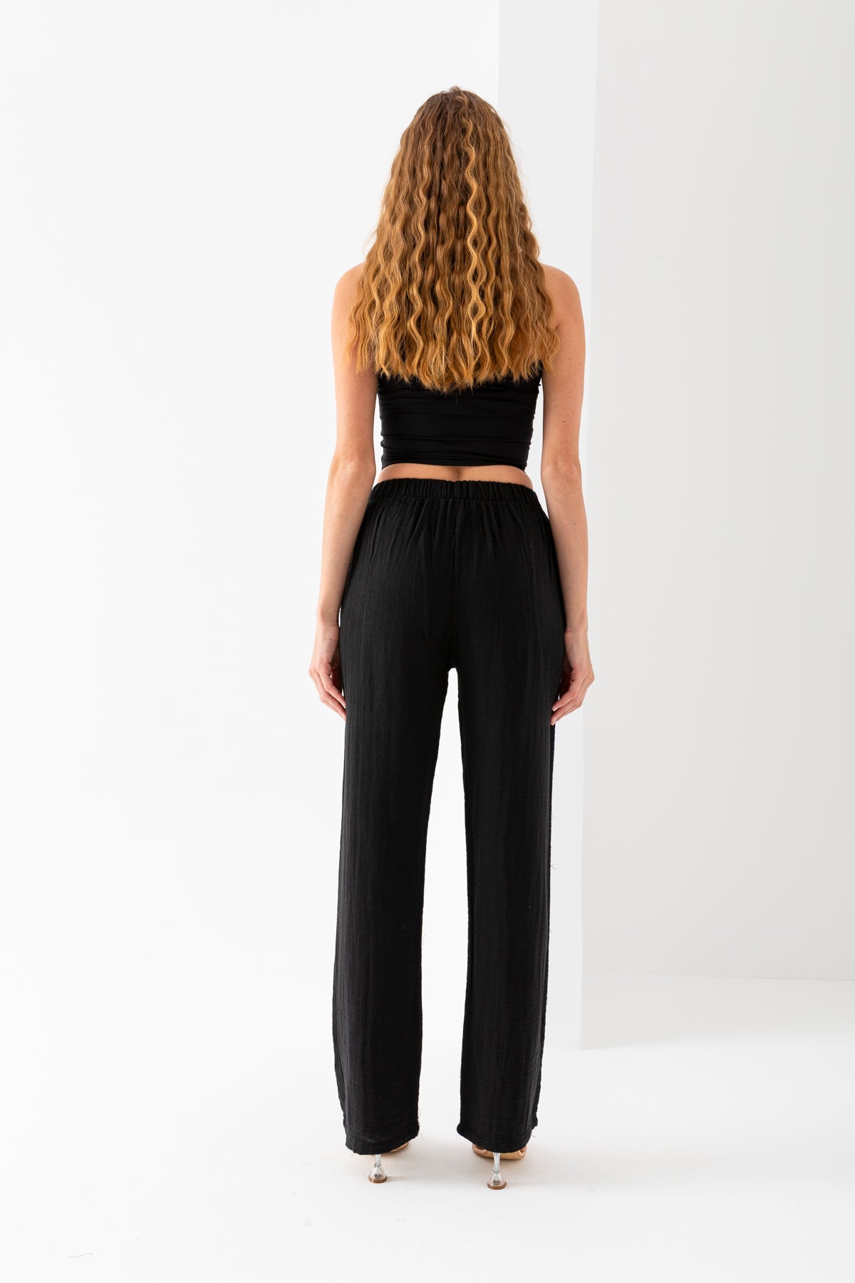 Kadın %100 Pamuk Siyah Geniş Paça Muslin Pantolon