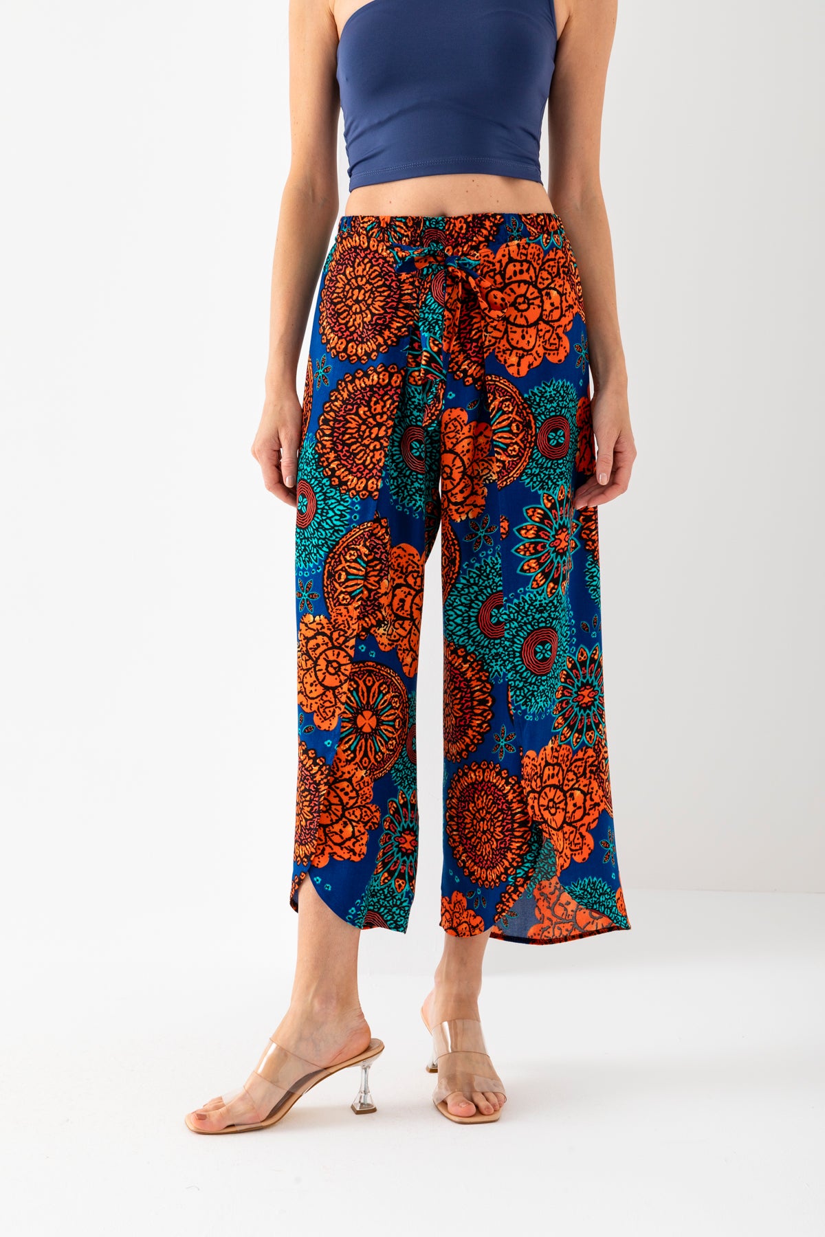 Kadın Turuncu Petrol  Beyaz Zarf Kapaklı İçe Katlamalı İçi Şortlu Viskon Dokuma Şalvar Pantolon