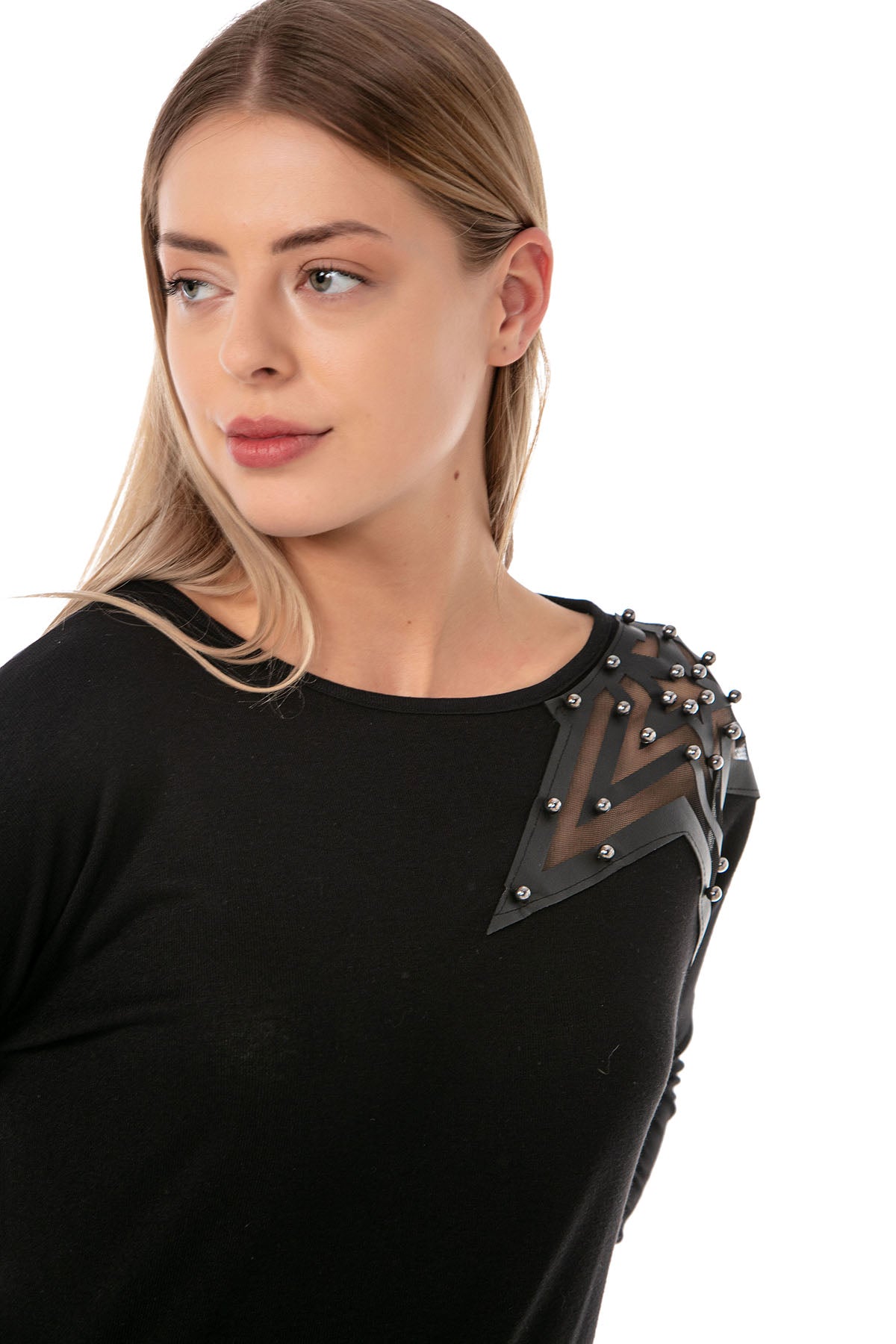 Kadın Siyah Omzu Yıldız Aplikeli Bisiklet Yaka Bluz