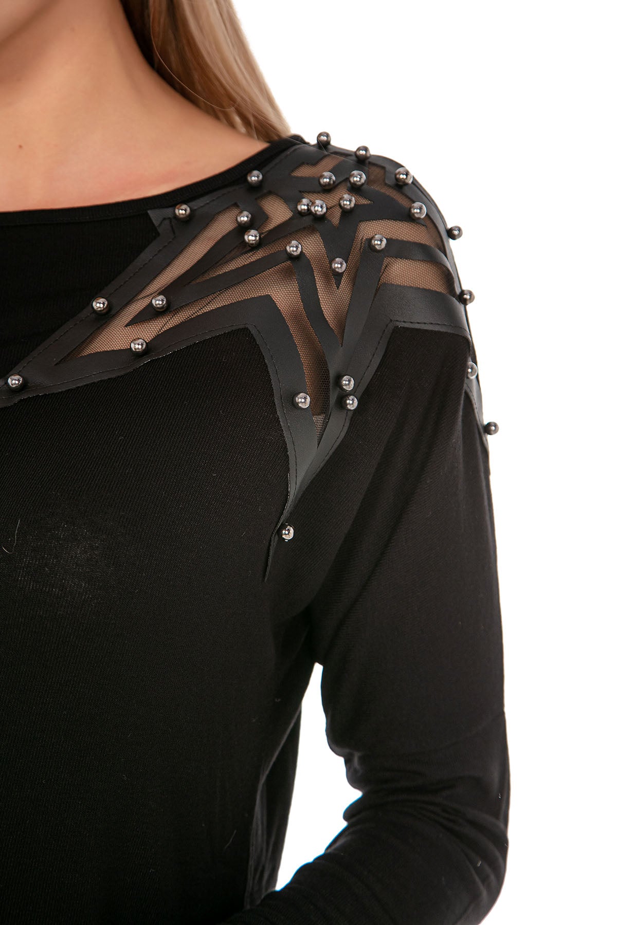 Kadın Siyah Omzu Yıldız Aplikeli Bisiklet Yaka Bluz