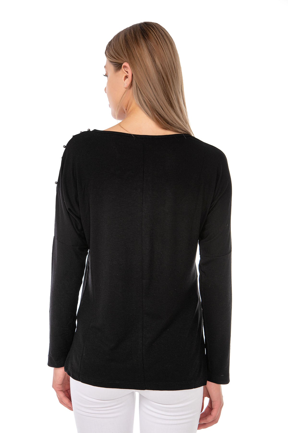 Kadın Siyah Omzu Yıldız Aplikeli Bisiklet Yaka Bluz