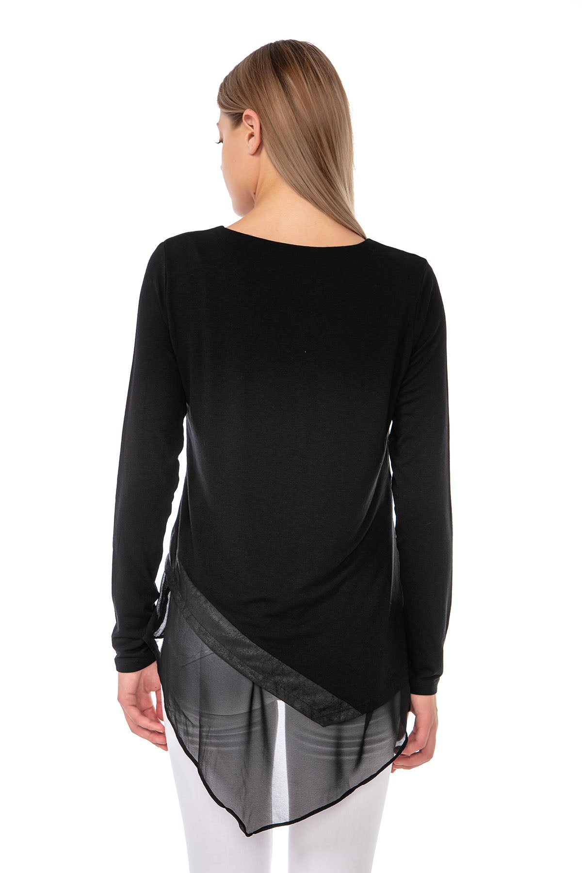 Kadın Siyah V Yaka Uzun Kollu Şifon Astarlı Eteği Deri Detaylı Asimetrik Mevsimlik Triko Tunik Bluz