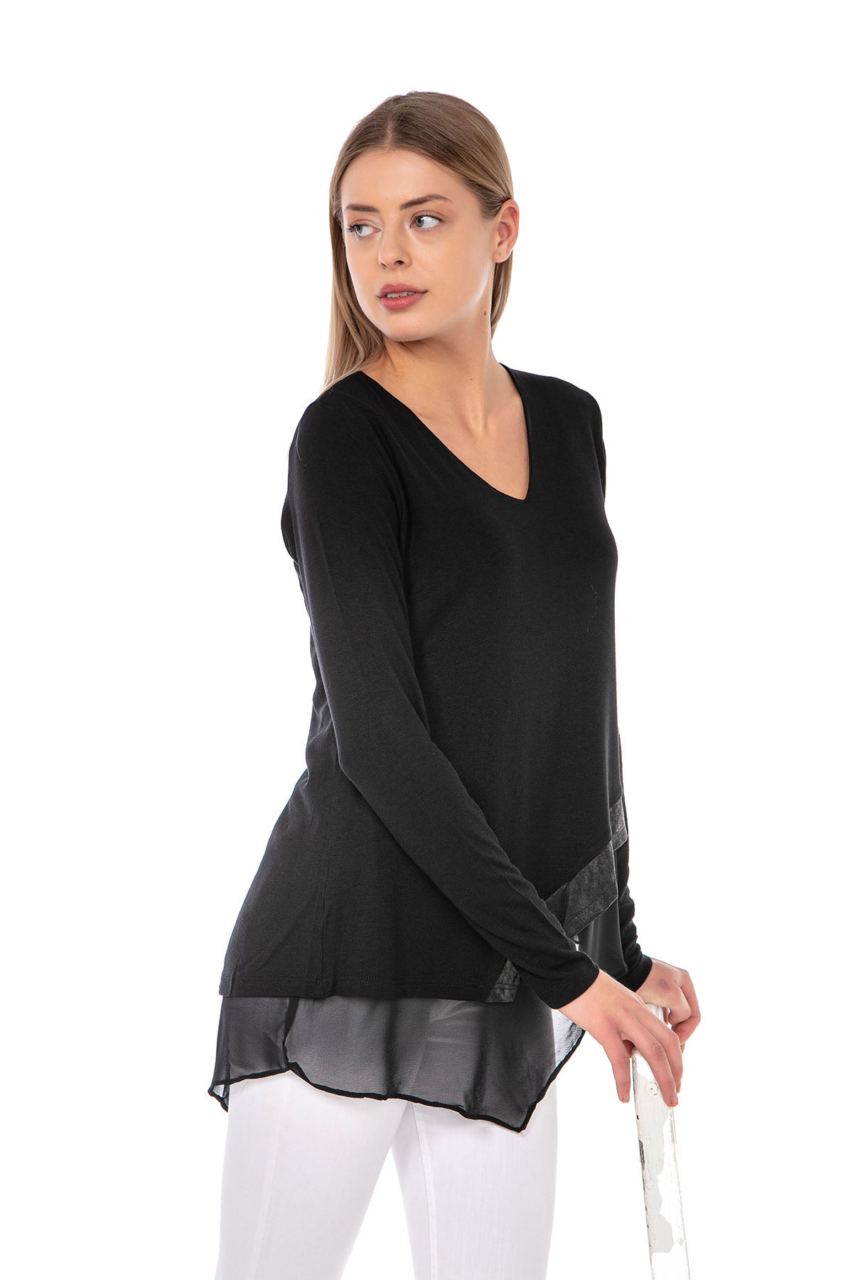 Kadın Siyah V Yaka Uzun Kollu Şifon Astarlı Eteği Deri Detaylı Asimetrik Mevsimlik Triko Tunik Bluz