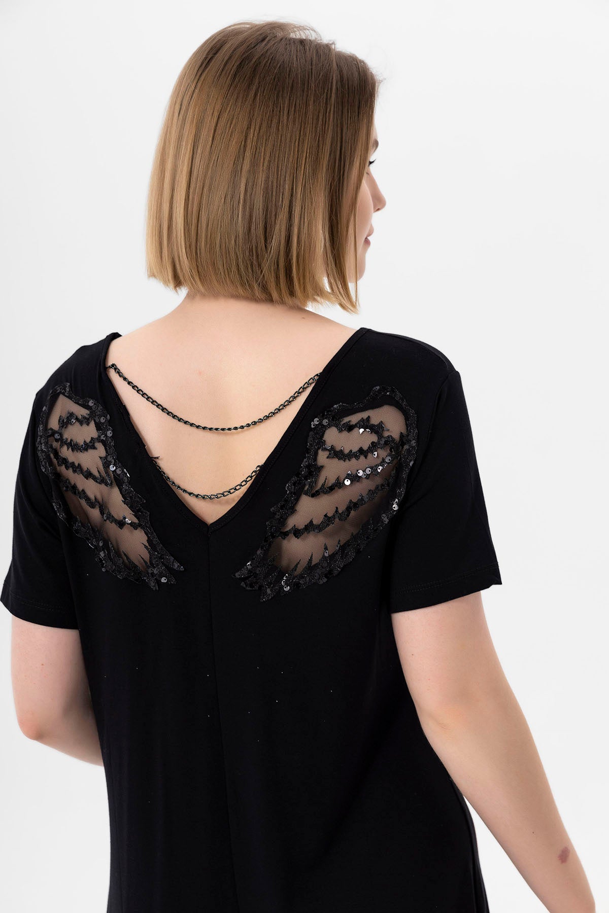 Kadın Siyah Sırtı Melek Kanat Işlemeli Ön Arka Vyaka Eteği Asimetrik Elbise