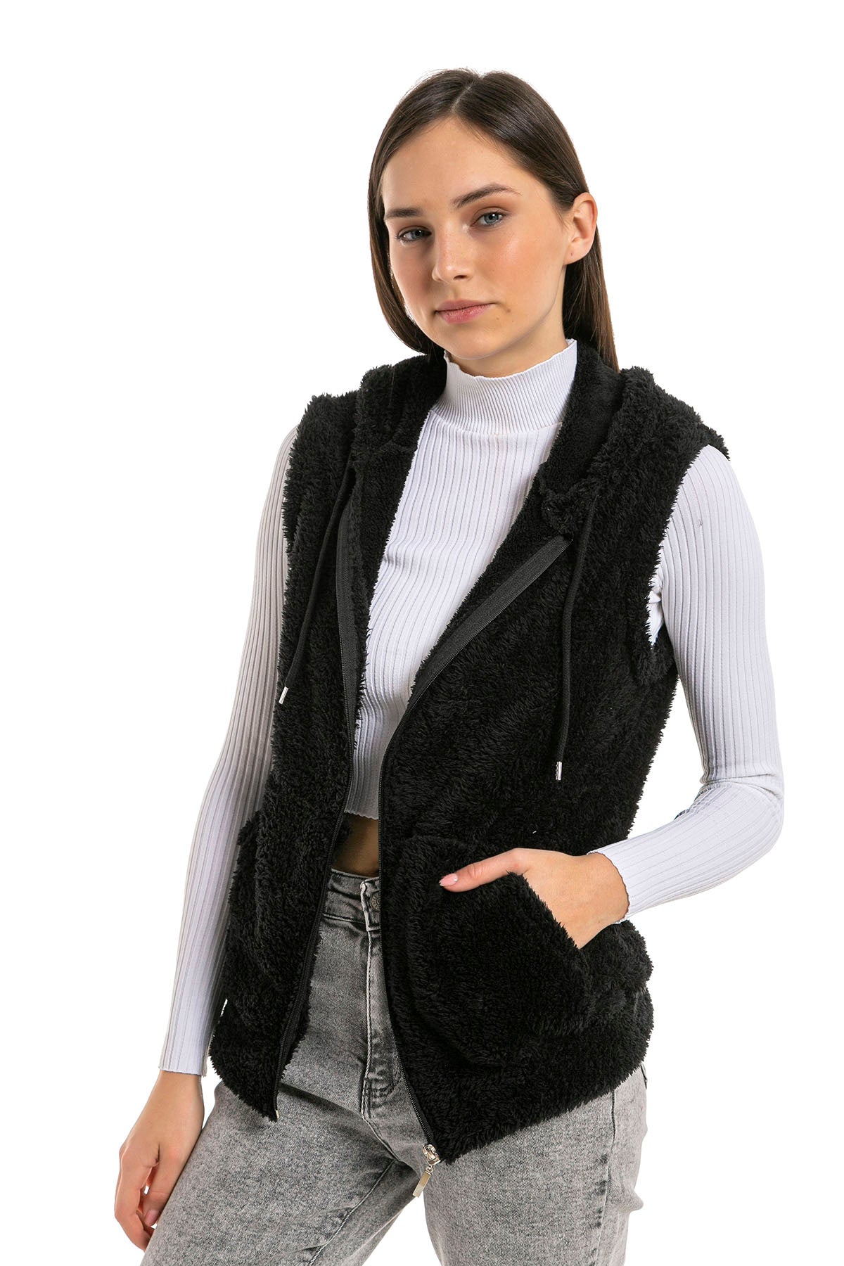 Kadın Siyah Kapşonlu Kolsuz Peluş Yelek
