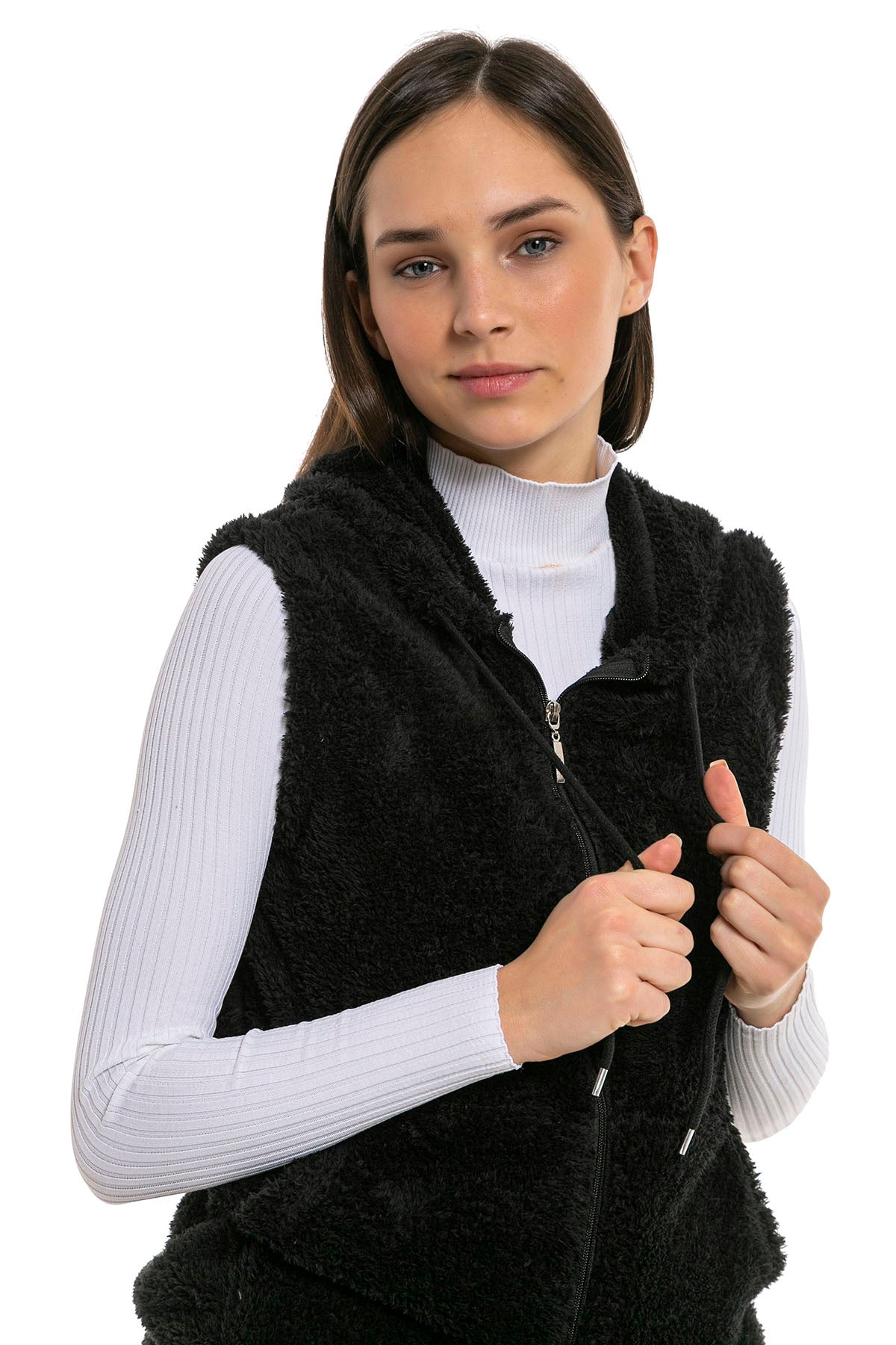 Kadın Siyah Kapşonlu Kolsuz Peluş Yelek