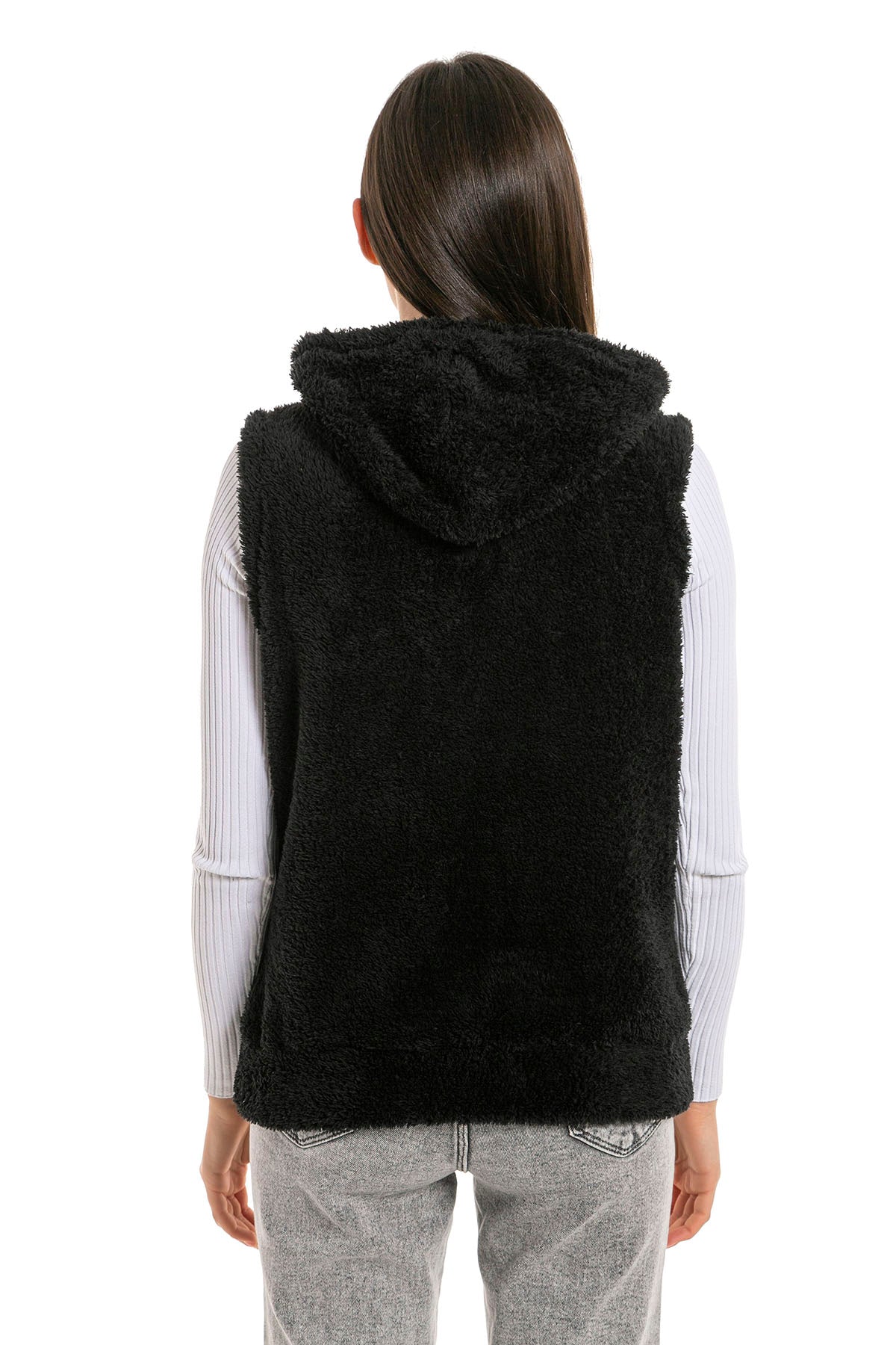 Kadın Siyah Kapşonlu Kolsuz Peluş Yelek