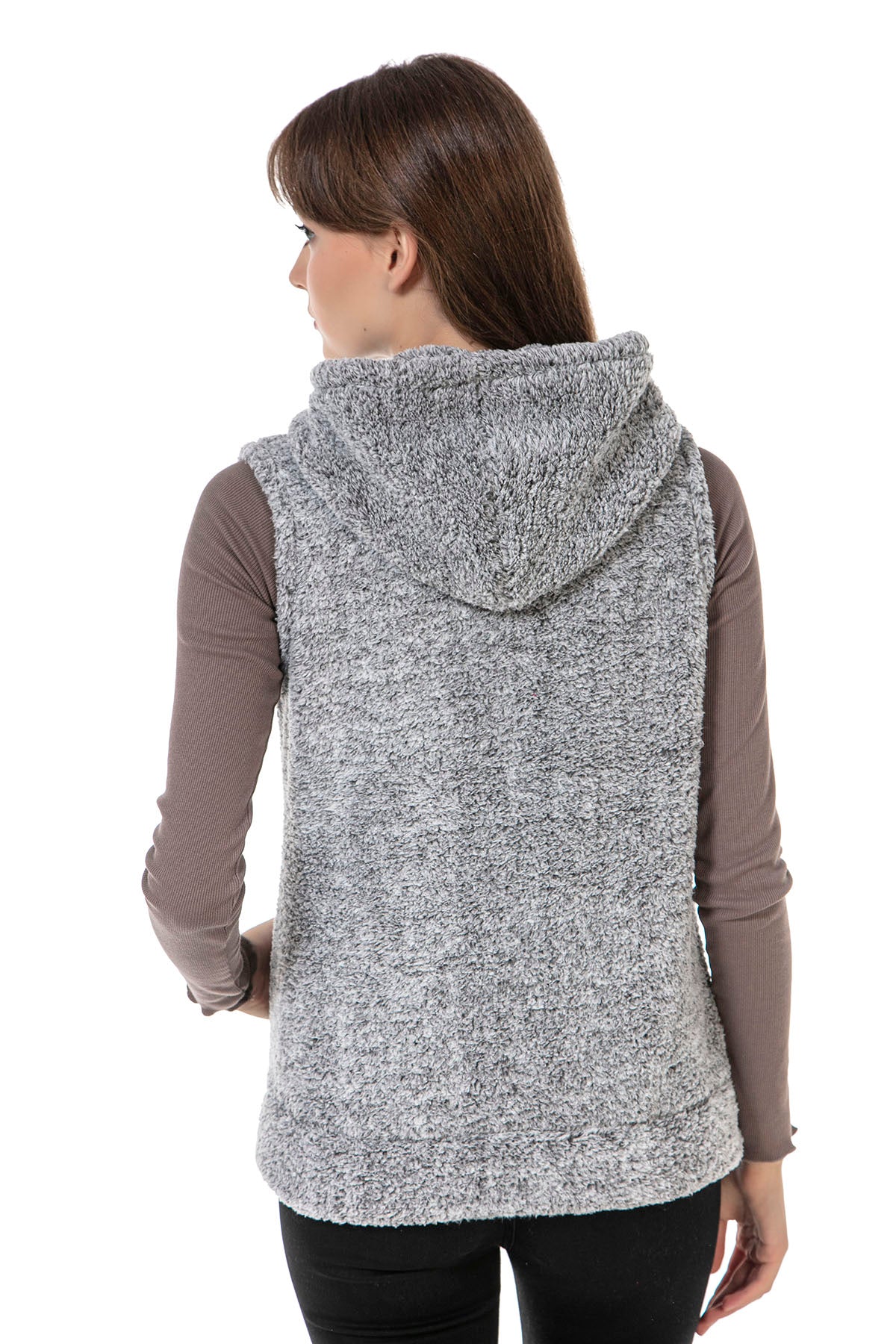 Kadın Gri Kapşonlu Kolsuz Peluş Yelek