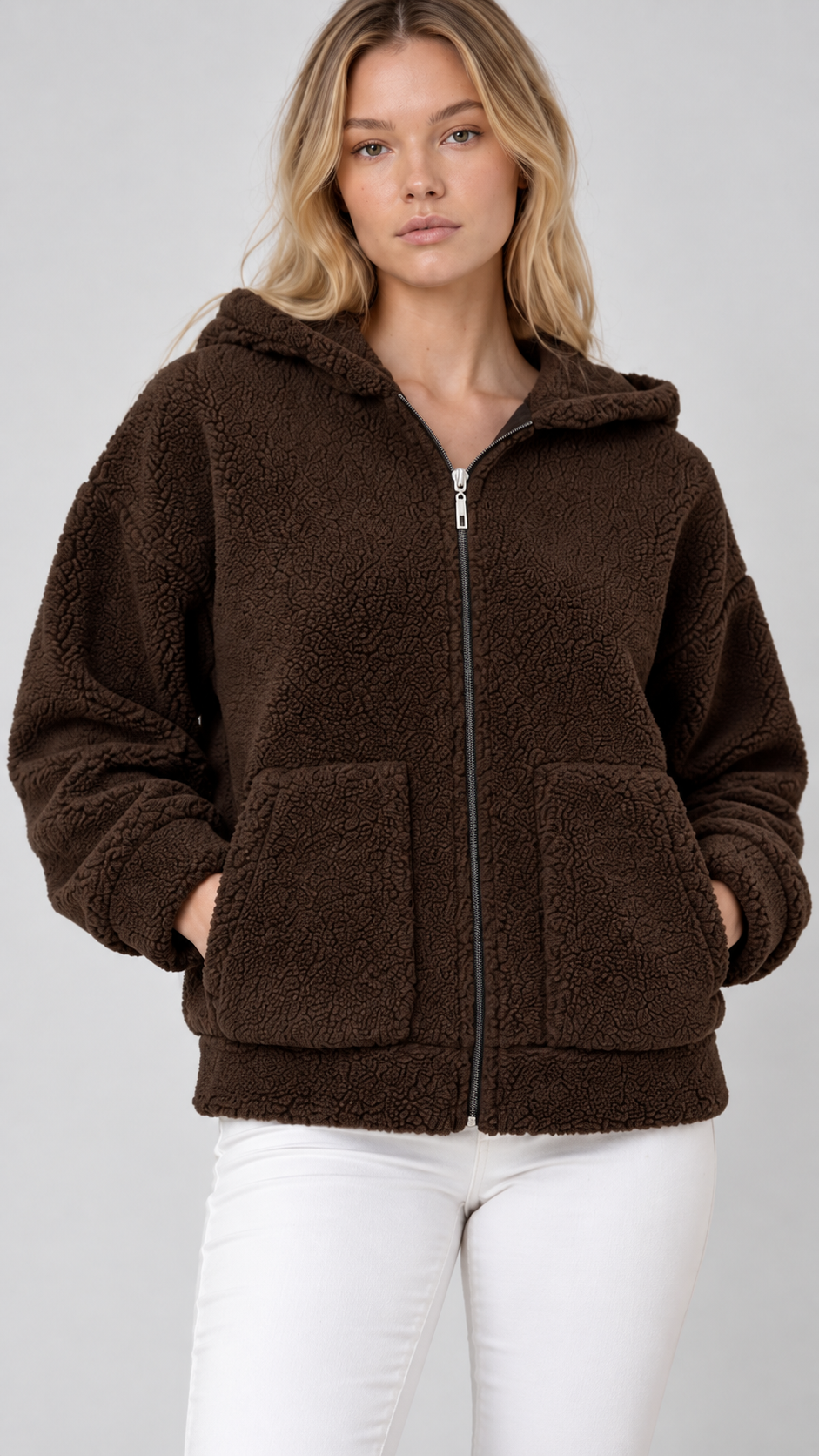Kadın Kapüşonlu Fermuarlı Polar Bomber Ceket