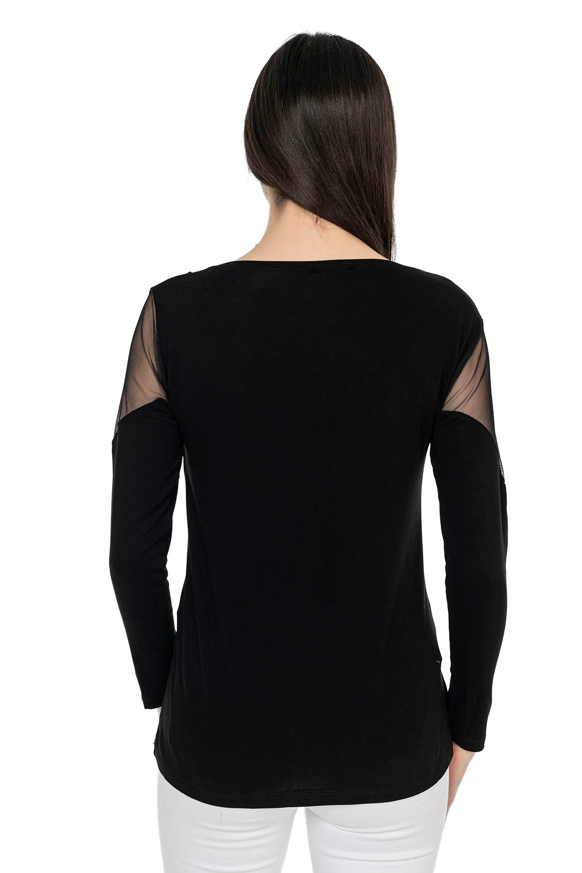 Kadın Siyah Yakası Ve Omuzları Tüllü Deri Garnili Bluz