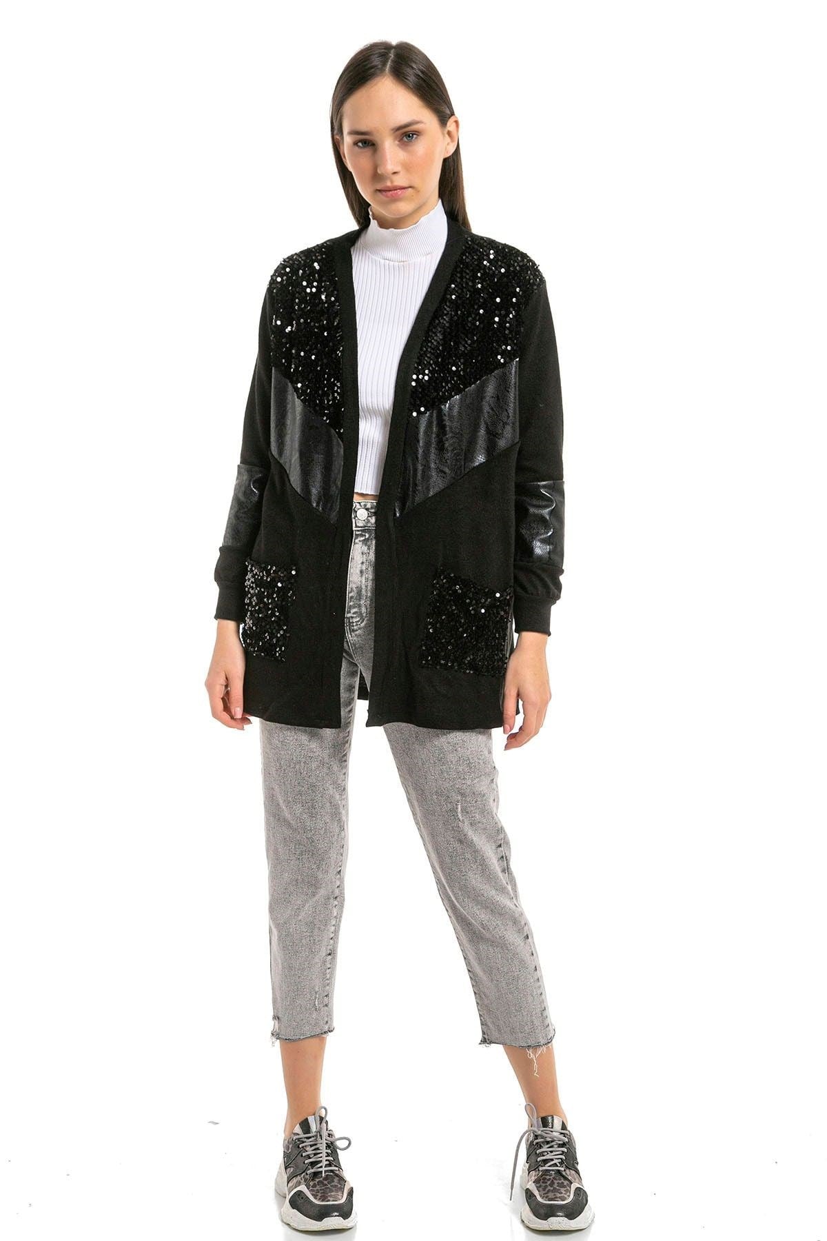 Kadın Siyah Pullu Deri Garnili Hırka