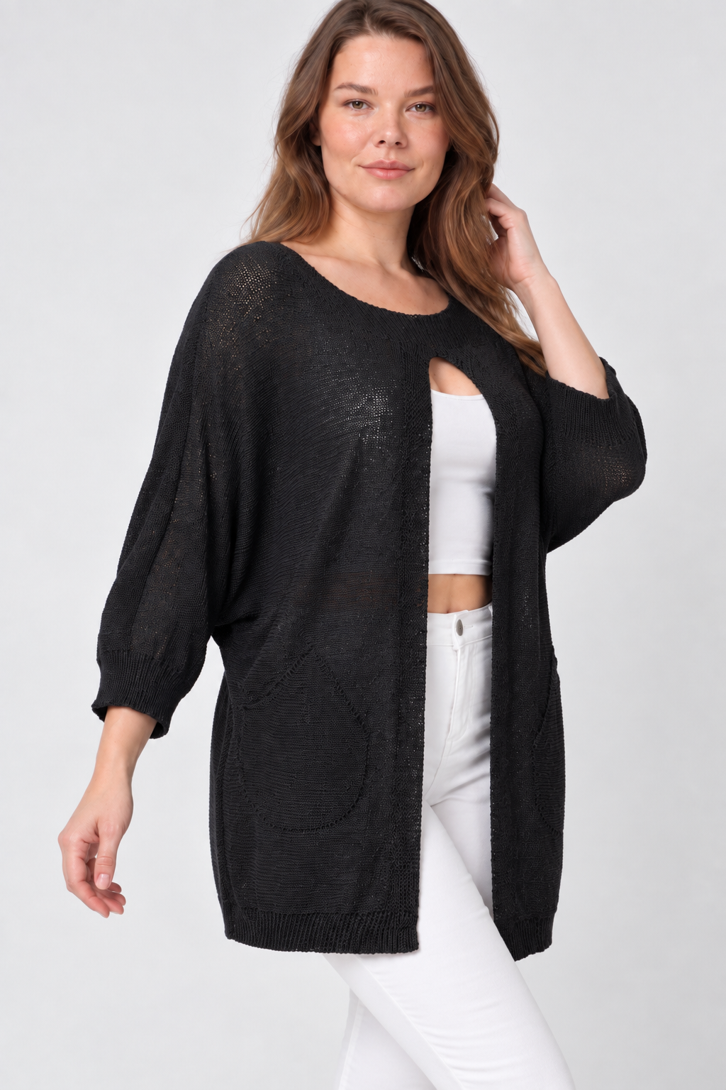 Kadın İtalyan Stil Yarasa Kol Önü Derin Yırtmaçlı Oversize Merserize Triko Tunik