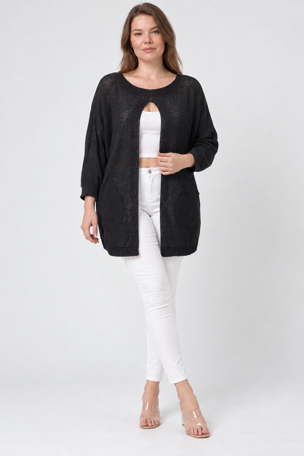 Kadın İtalyan Stil Yarasa Kol Önü Derin Yırtmaçlı Oversize Merserize Triko Tunik