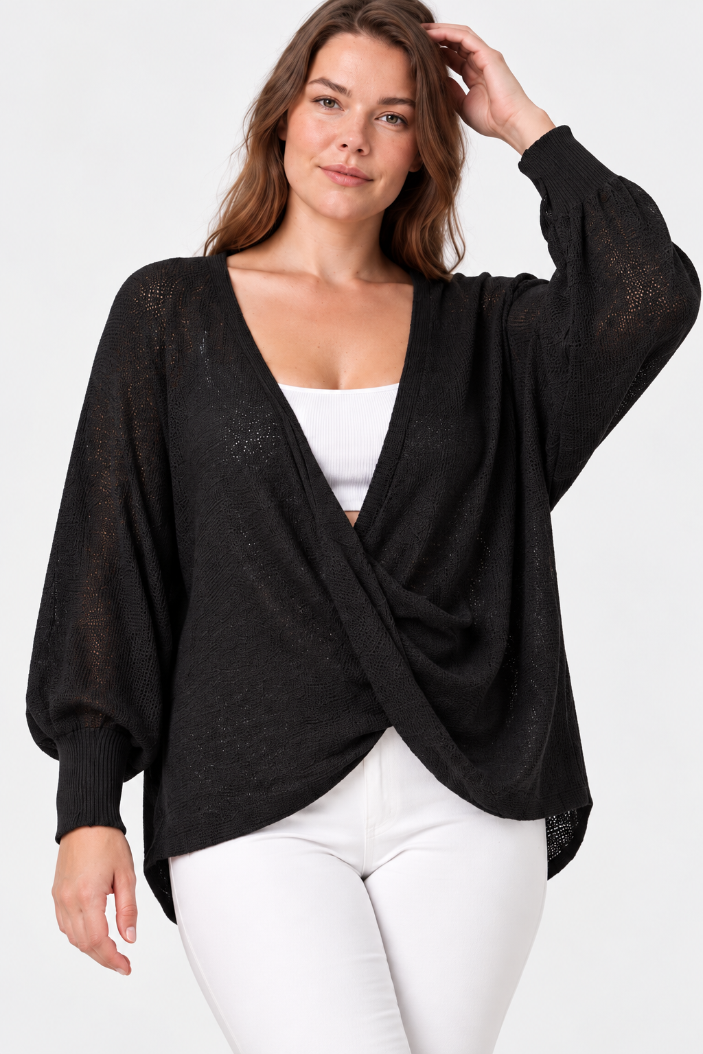 Kadın İtalyan Stil Yarasa Kol Sonsuz Yaka Oversize Merserize Triko Bluz