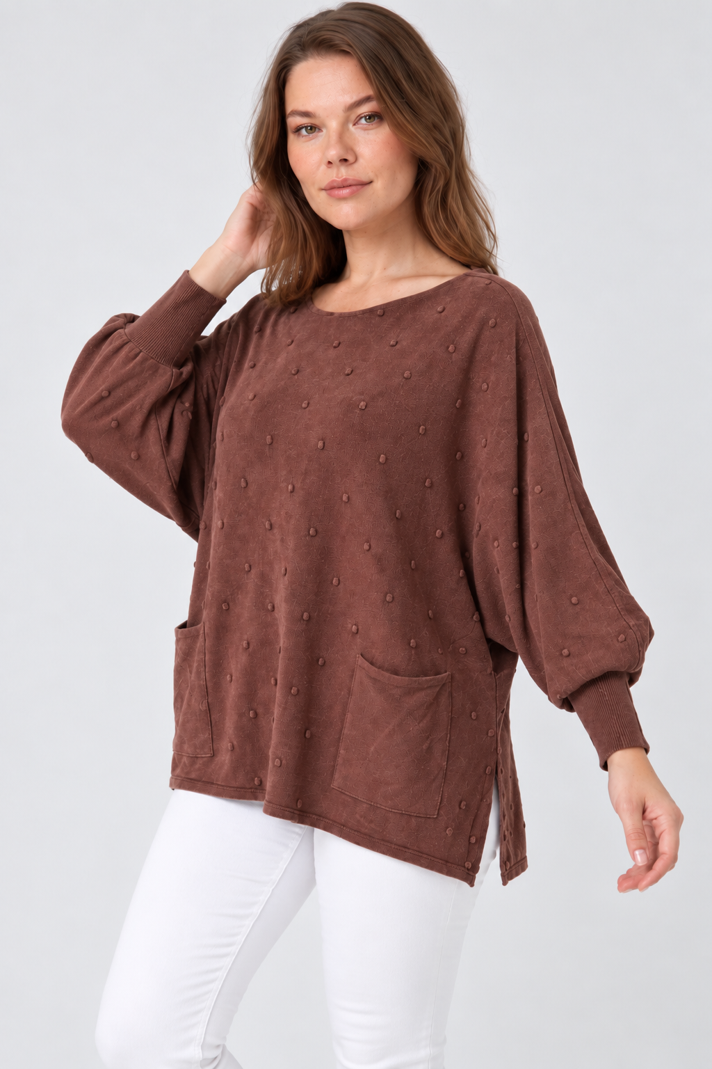 Kadın İtalyan Stil Yarasa Kol Yanı Yırtmaçlı Cep Detaylı Oversize Triko Bluz