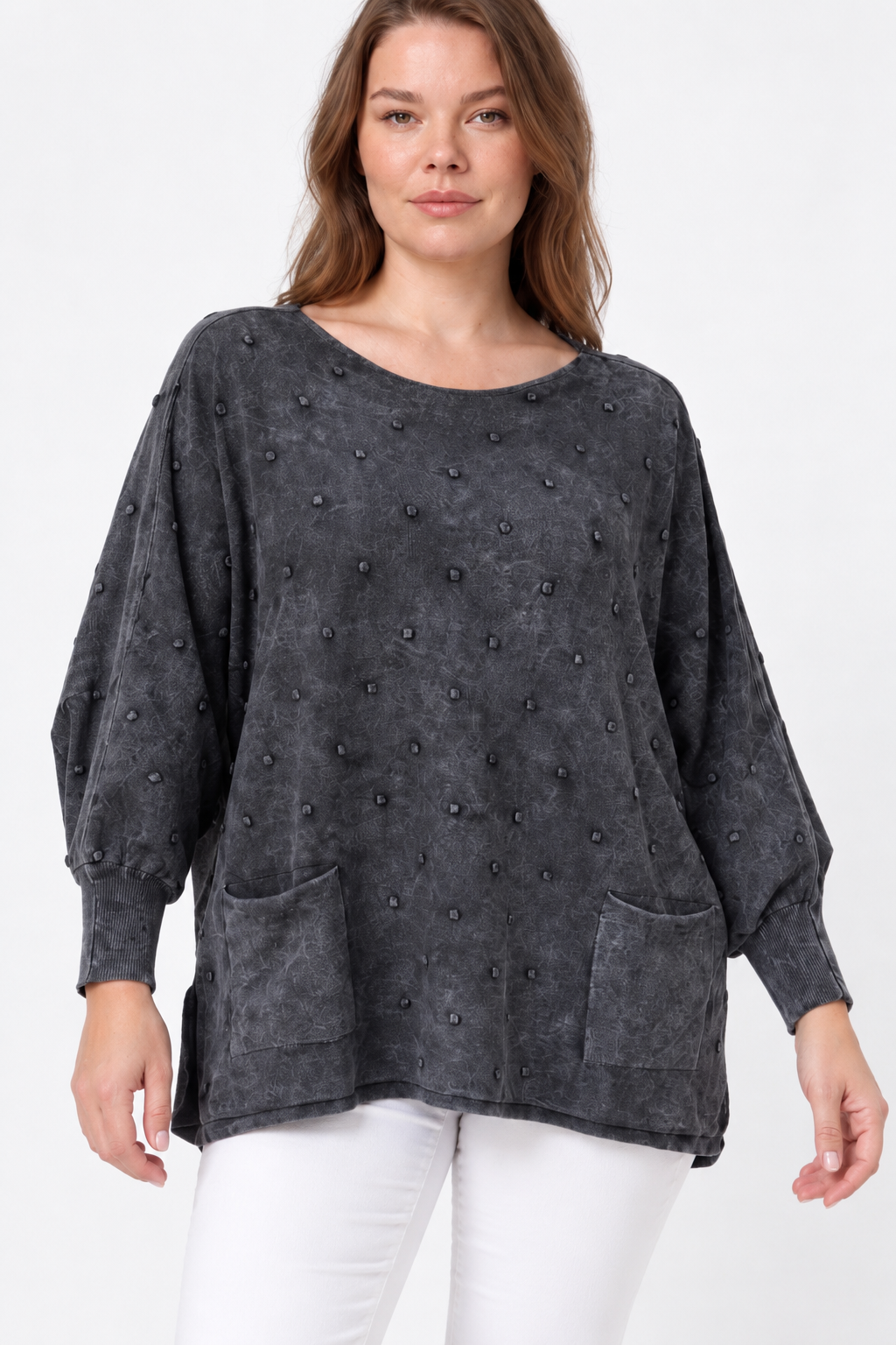 Kadın İtalyan Stil Yarasa Kol Yanı Yırtmaçlı Cep Detaylı Oversize Triko Bluz