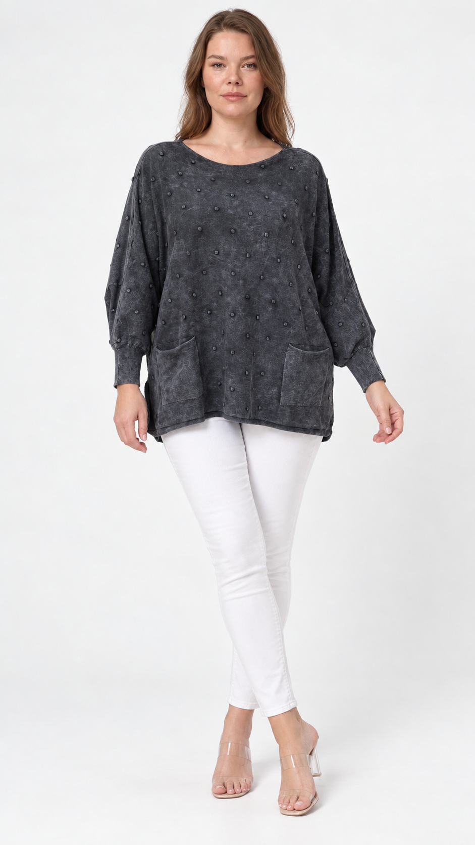 Kadın İtalyan Stil Yarasa Kol Yanı Yırtmaçlı Cep Detaylı Oversize Triko Bluz