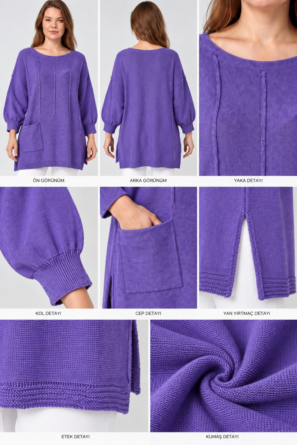 Kadın İtalyan Stil Yarasa Kol Yanı Yırtmaçlı Cep Detaylı Oversize Triko Bluz
