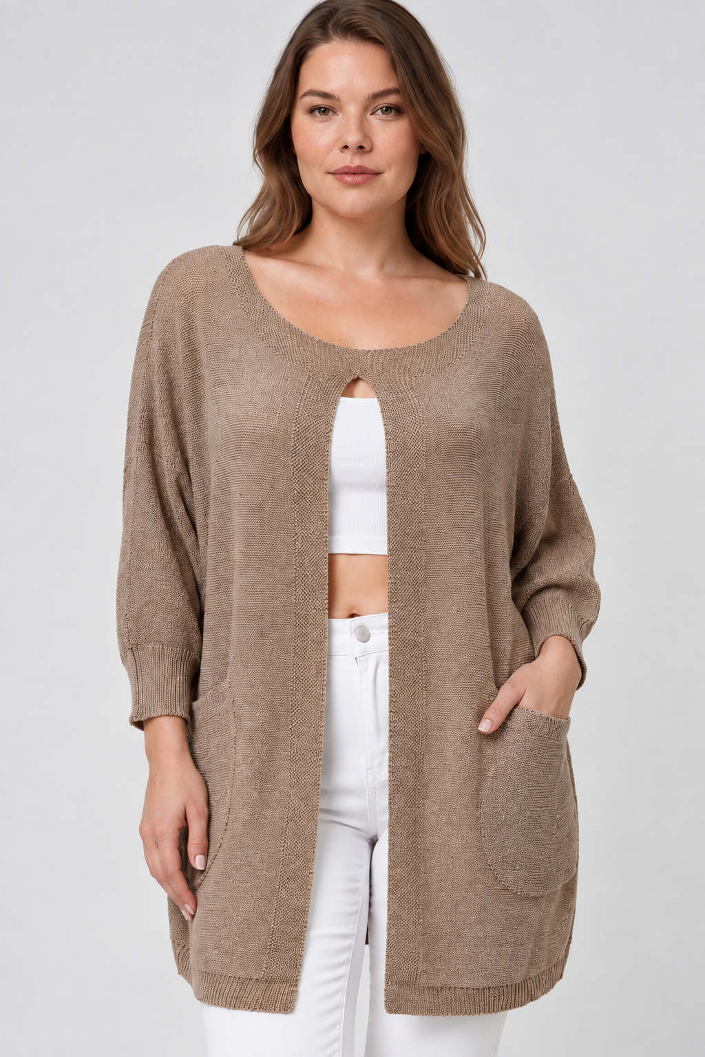 Kadın İtalyan Stil Yarasa Kol Önü Derin Yırtmaçlı Oversize Merserize Triko Tunik