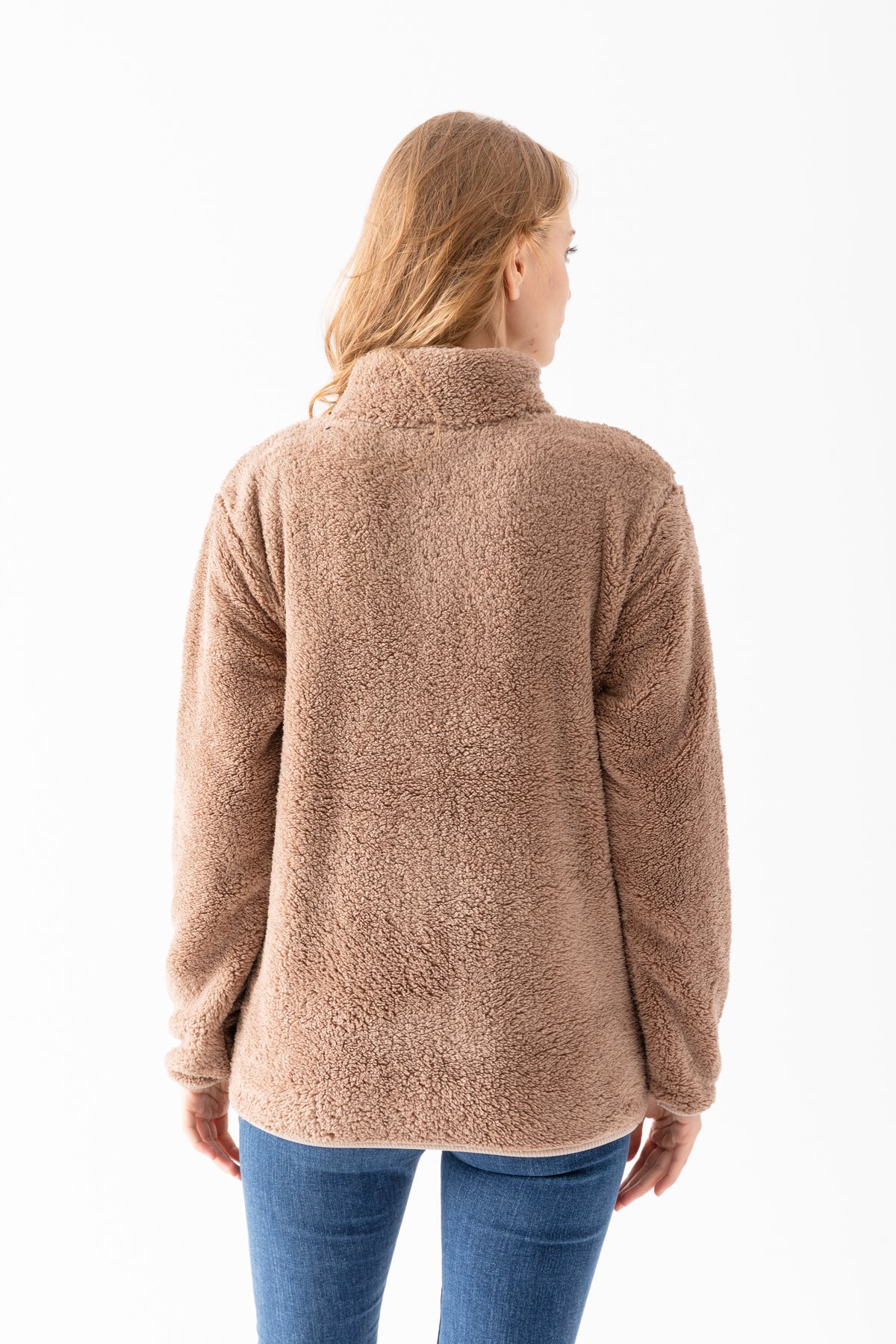 Kadın Açık Kahve Dik Yaka Fermuar Kapamalı Peluş Ceket