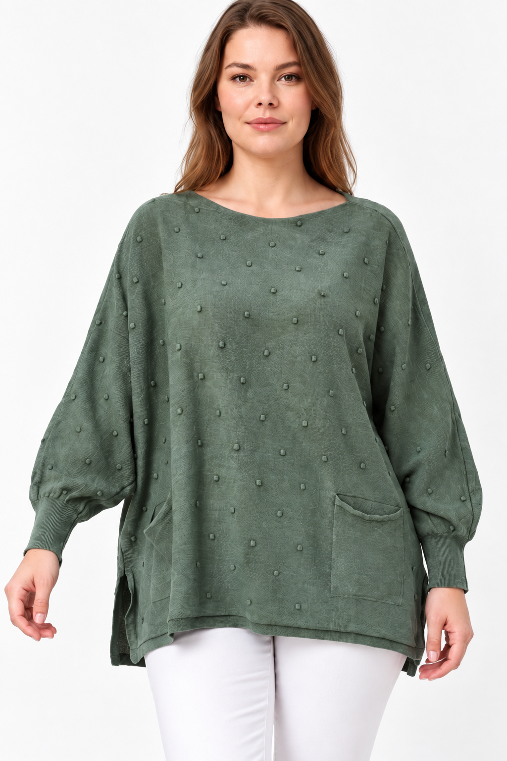Kadın İtalyan Stil Yarasa Kol Yanı Yırtmaçlı Cep Detaylı Oversize Triko Bluz