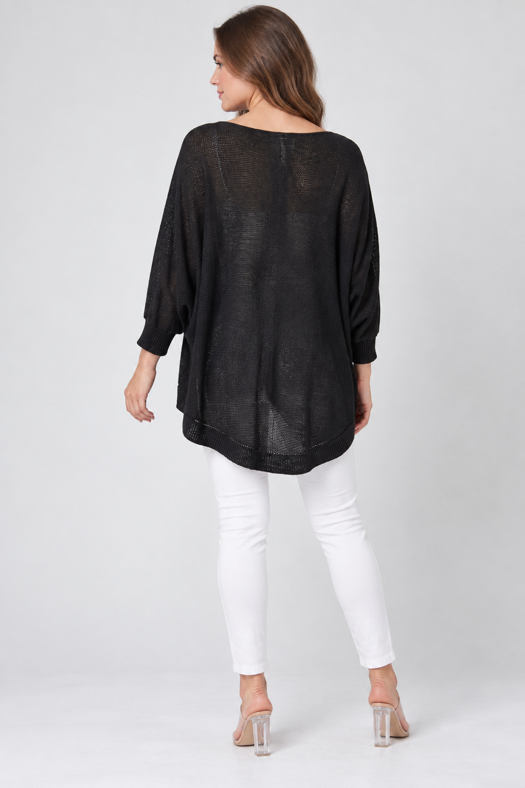 Kadın İtalyan Stil Yarasa Kol Önü Derin Yırtmaçlı Oversize Merserize Triko Tunik