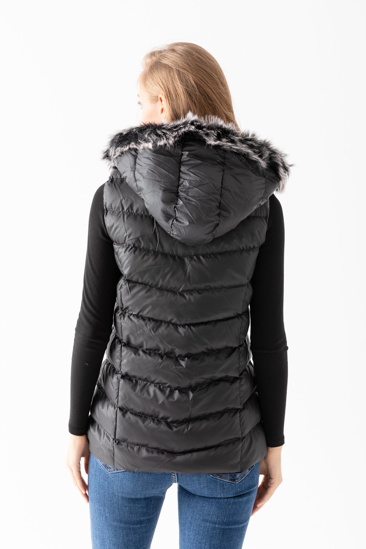 Kadın Siyah Kapüşonlu Fermuarlı Şişme Yelek