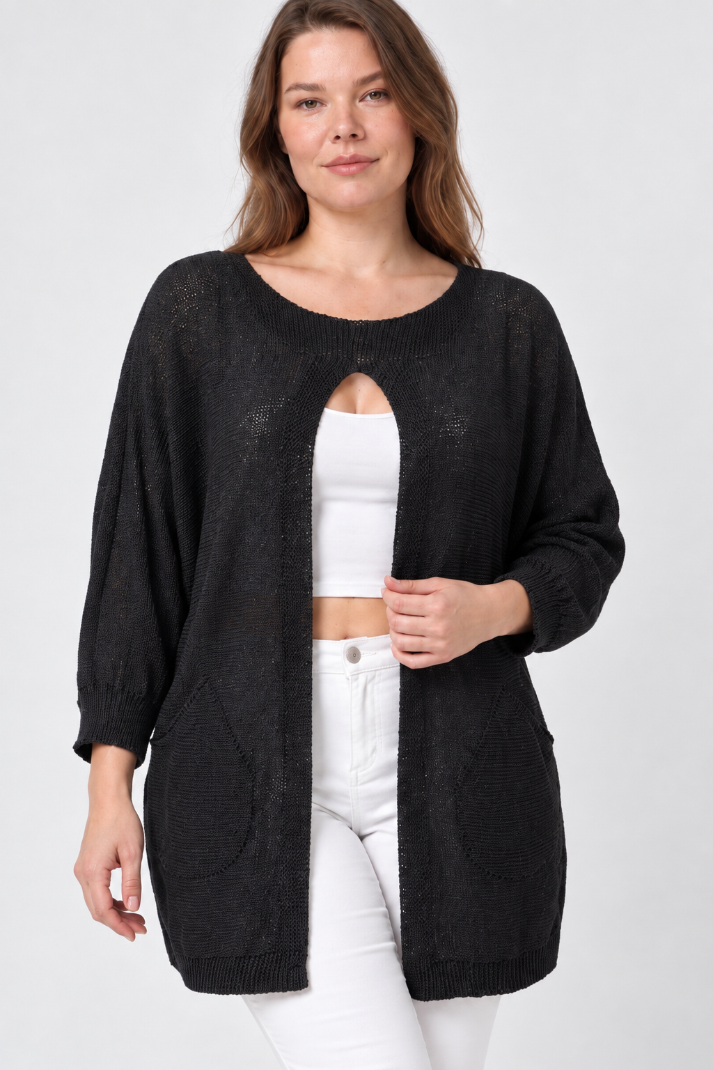 Kadın İtalyan Stil Yarasa Kol Önü Derin Yırtmaçlı Oversize Merserize Triko Tunik